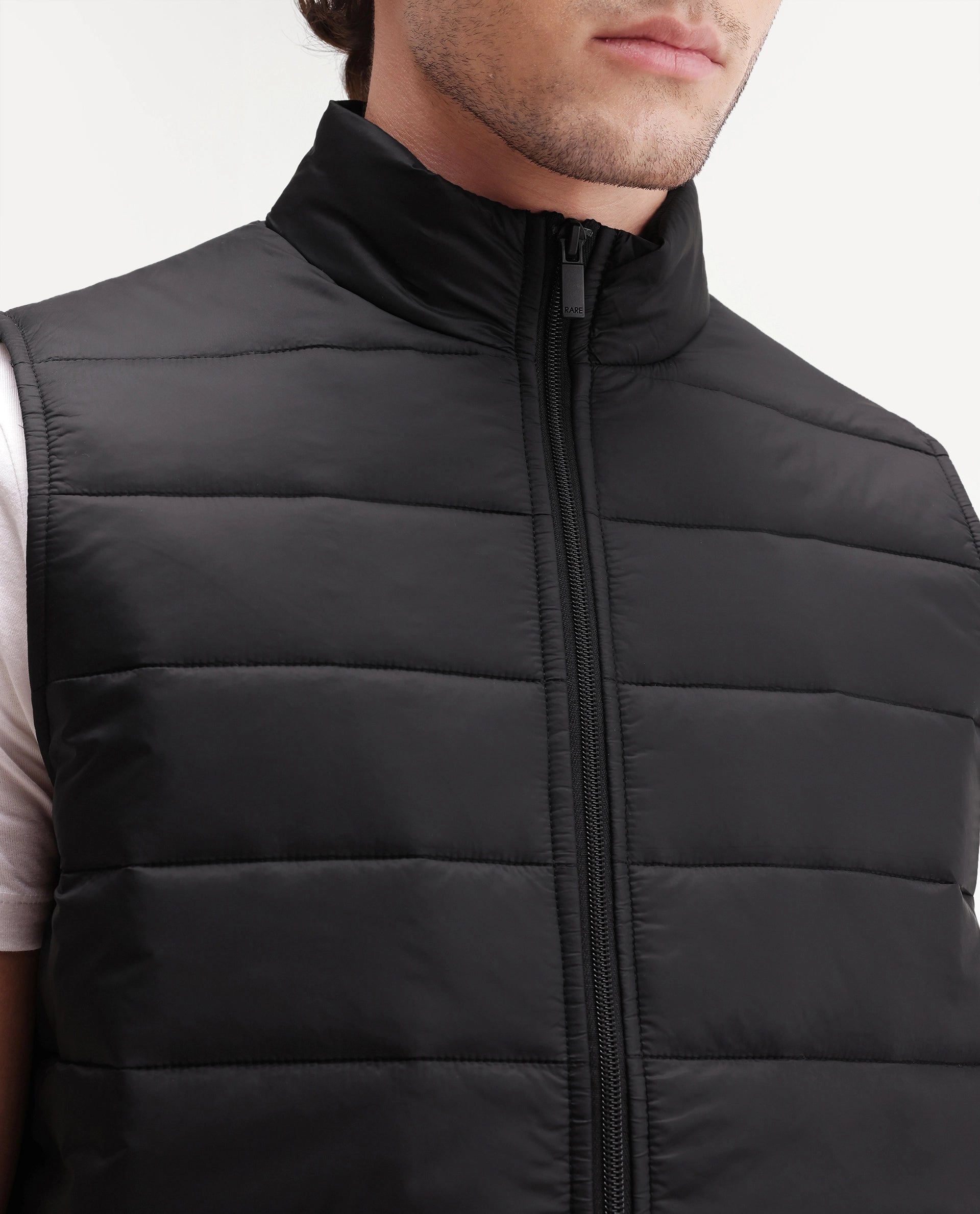 Rare Rabbit Men's Basic Corp Statement Sleeveless Jacket Black Cotton Regular Plain Jacket
