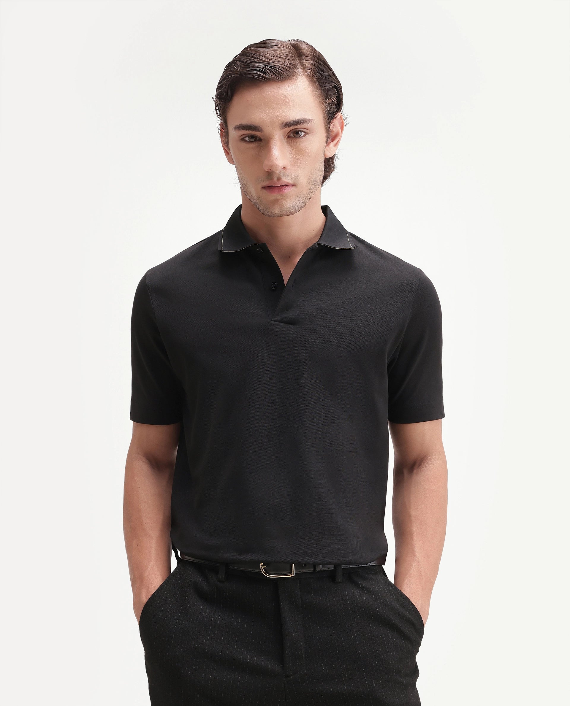 Rare Rabbit Men's Basic Rr-Corp-Tanq Black Cotton Blend Spread Collar Regular Plain Polo
