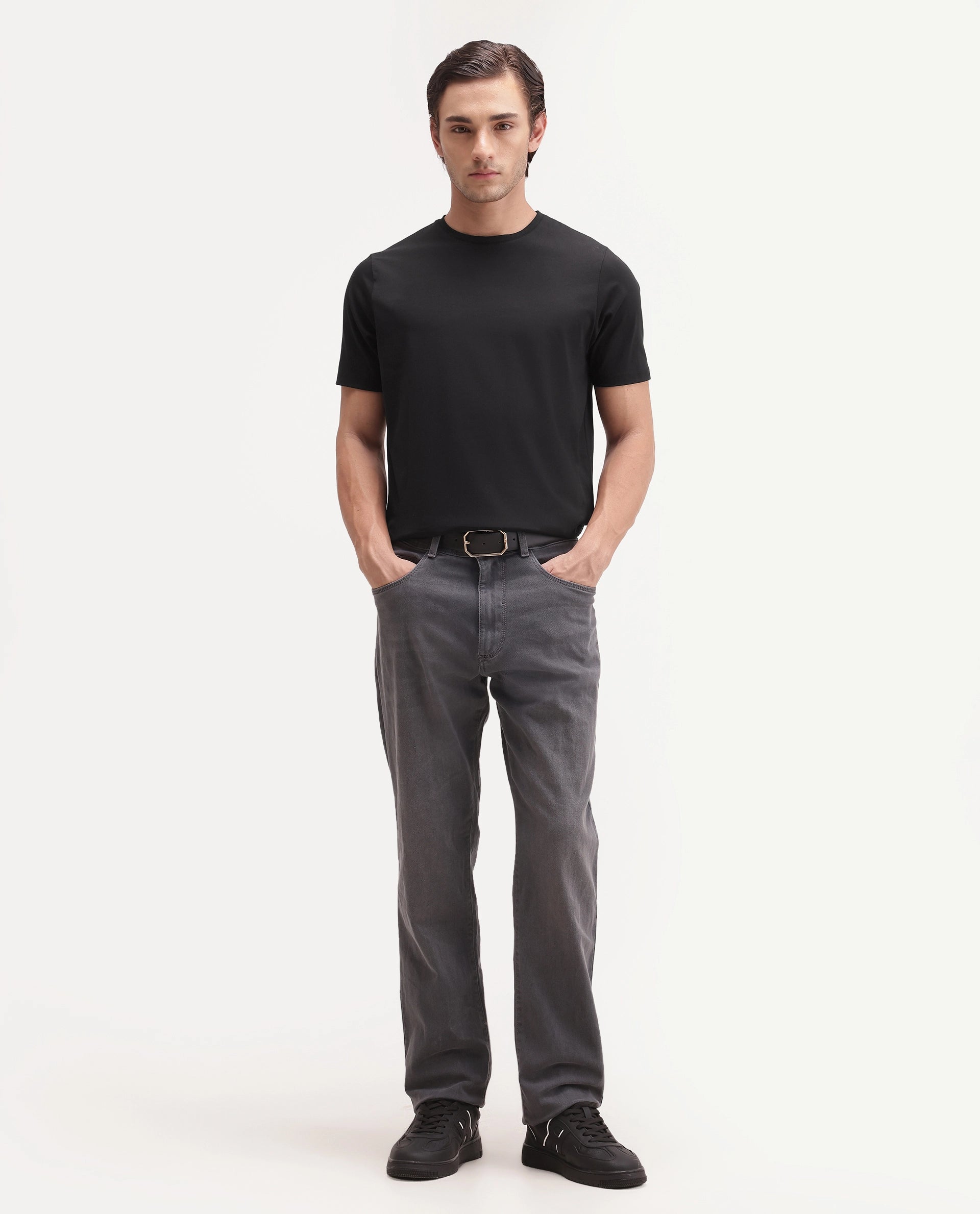 Rare Rabbit Men's Basic Rr-Corp-Arve Black Cotton Crew Neck Regular Plain T-Shirt