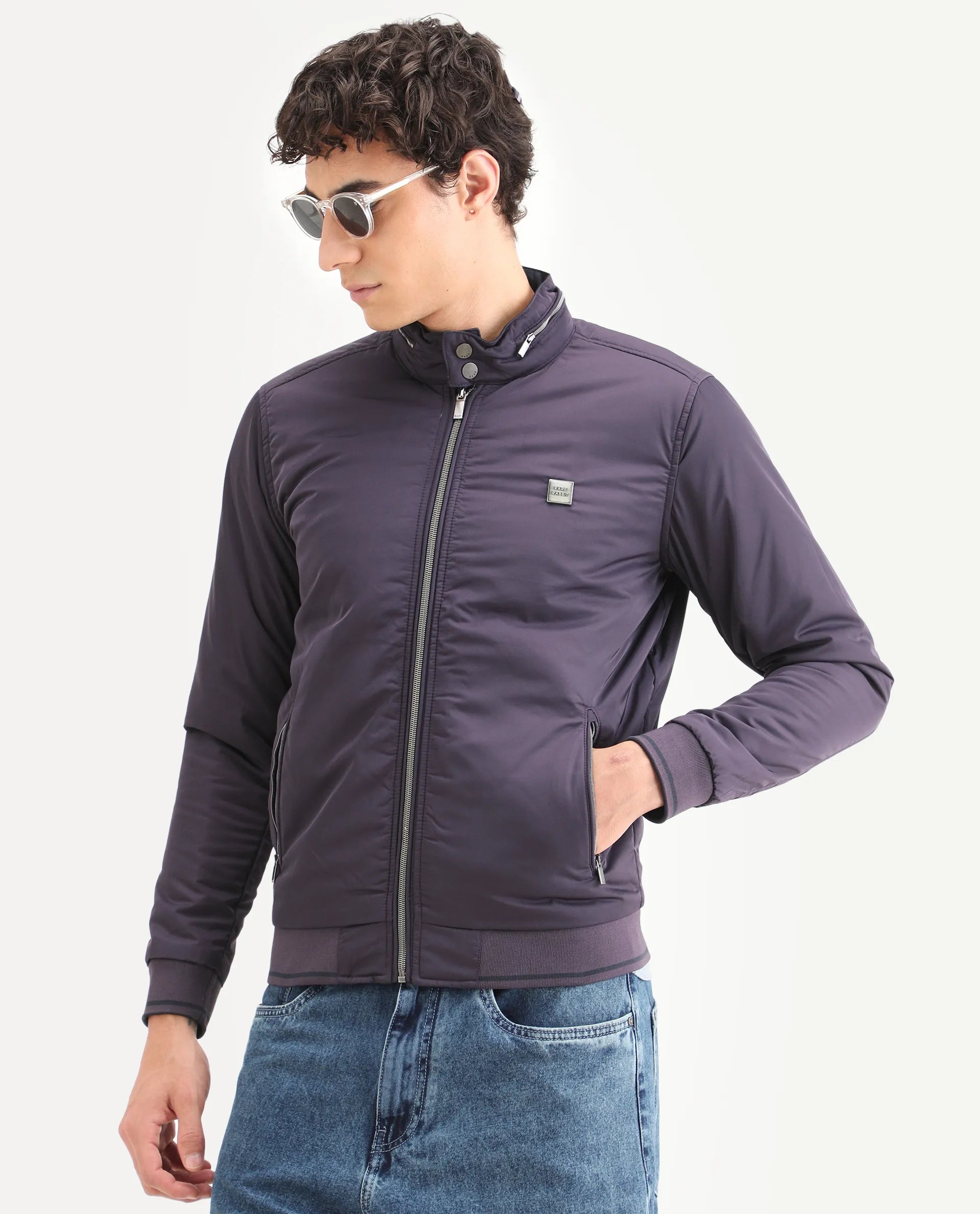 Rare Rabbit Men's Royban Navy Polyester Plain Regular Fit Full Sleeve Mandarin Collar Jacket