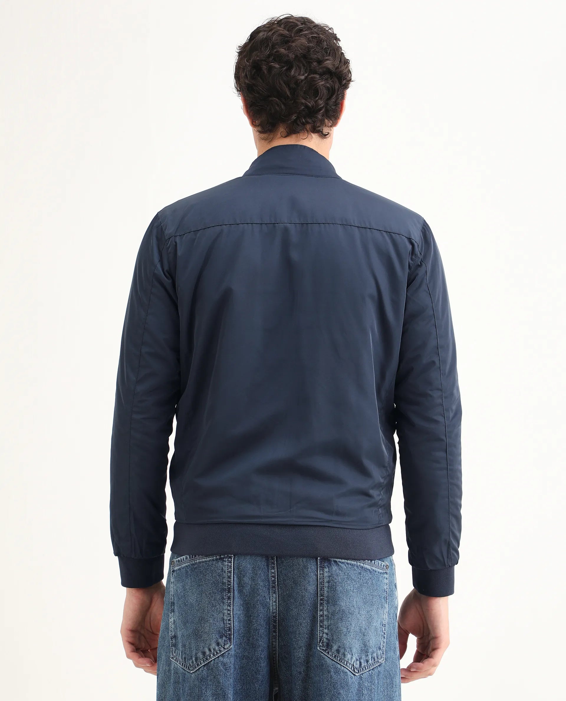 Rare Rabbit Men's Royban Navy Polyester Plain Regular Fit Full Sleeve Mandarin Collar Jacket