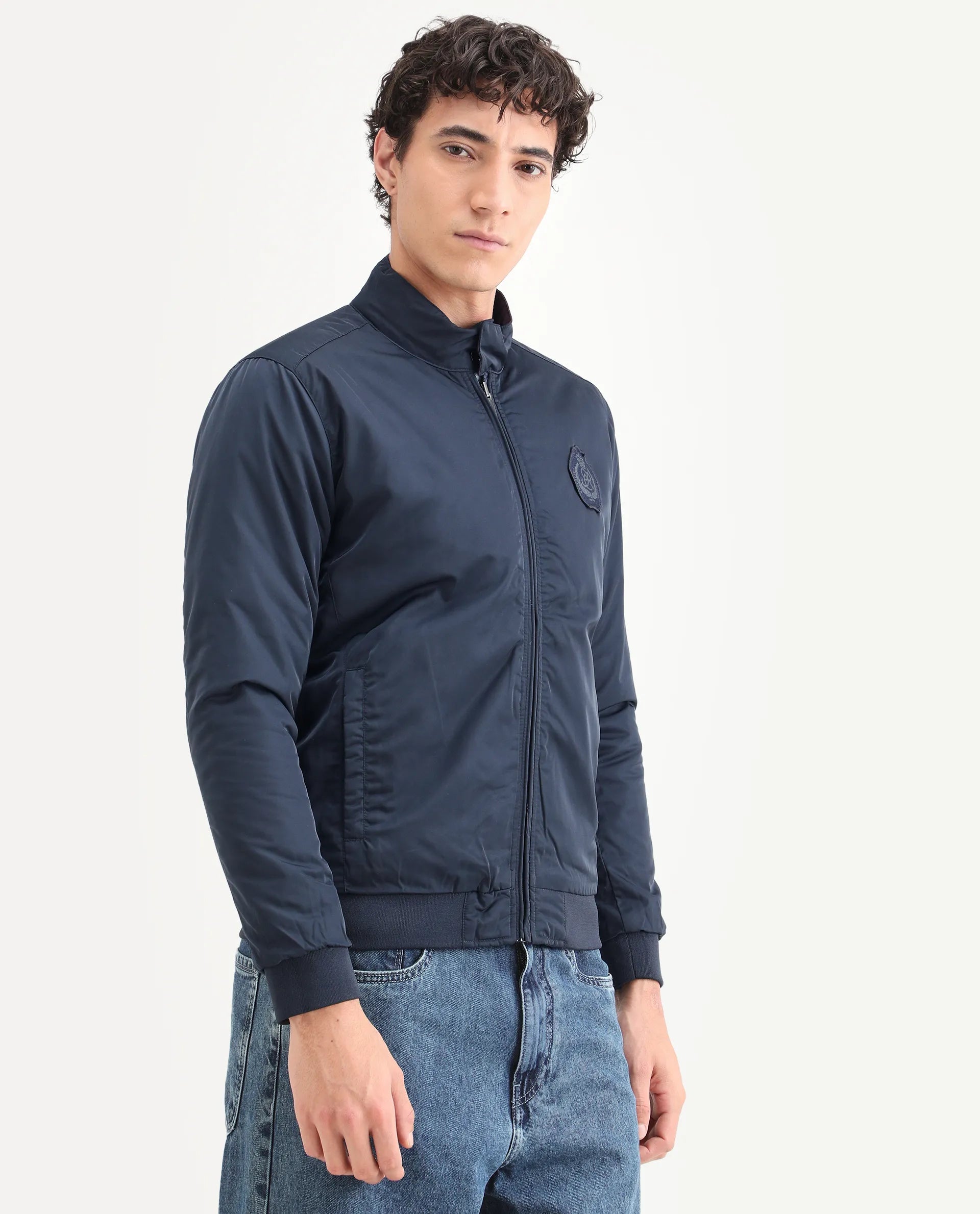 Rare Rabbit Men's Royban Navy Polyester Plain Regular Fit Full Sleeve Mandarin Collar Jacket