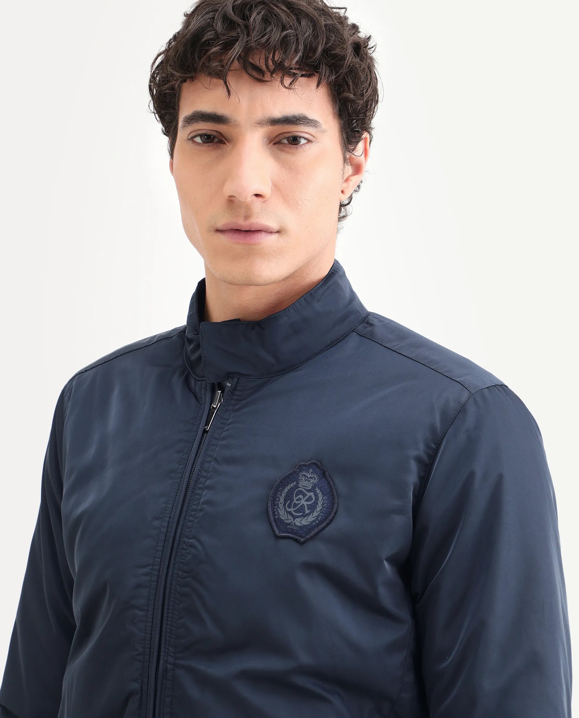 Rare Rabbit Men's Royban Navy Polyester Plain Regular Fit Full Sleeve Mandarin Collar Jacket