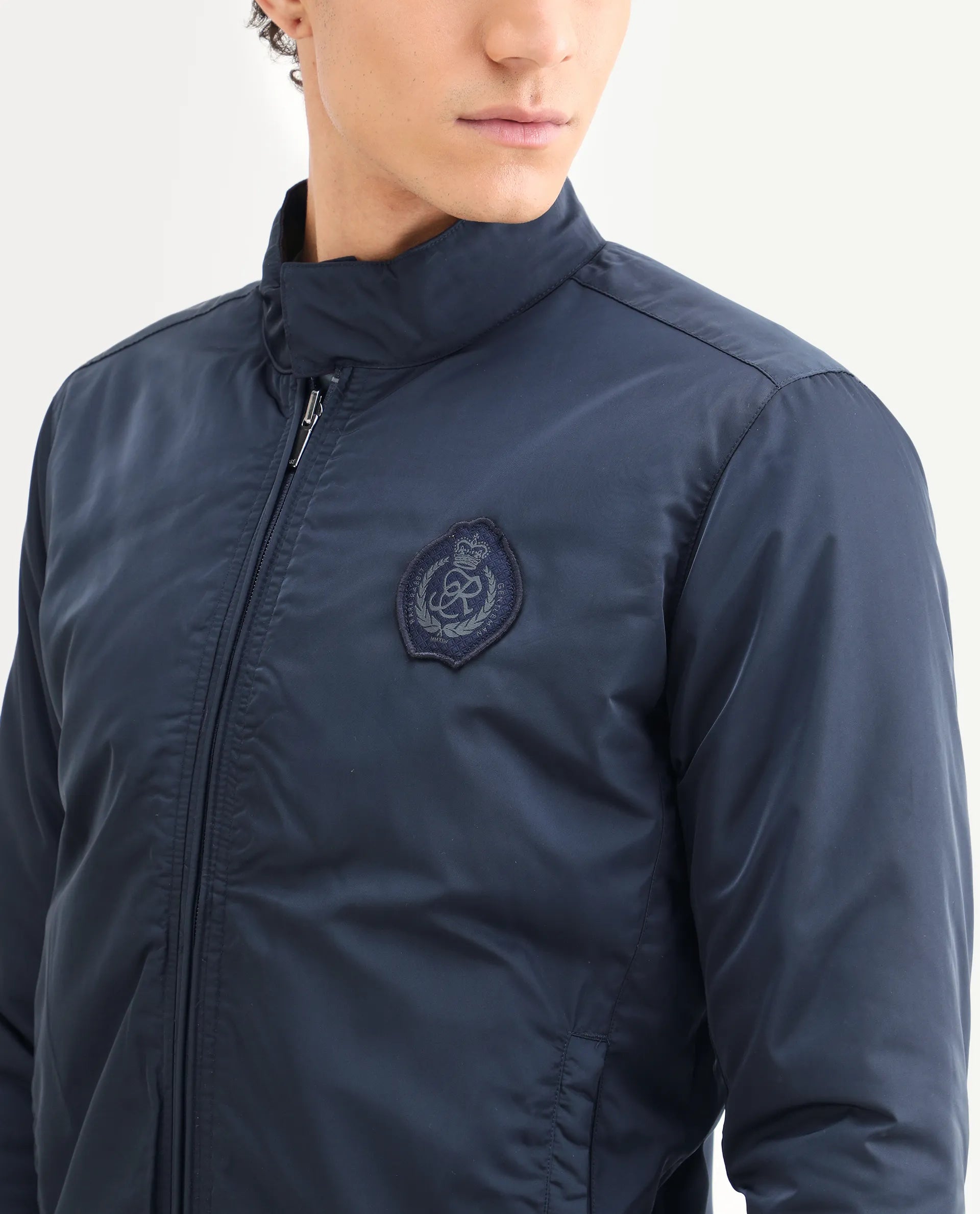 Rare Rabbit Men's Royban Navy Polyester Plain Regular Fit Full Sleeve Mandarin Collar Jacket