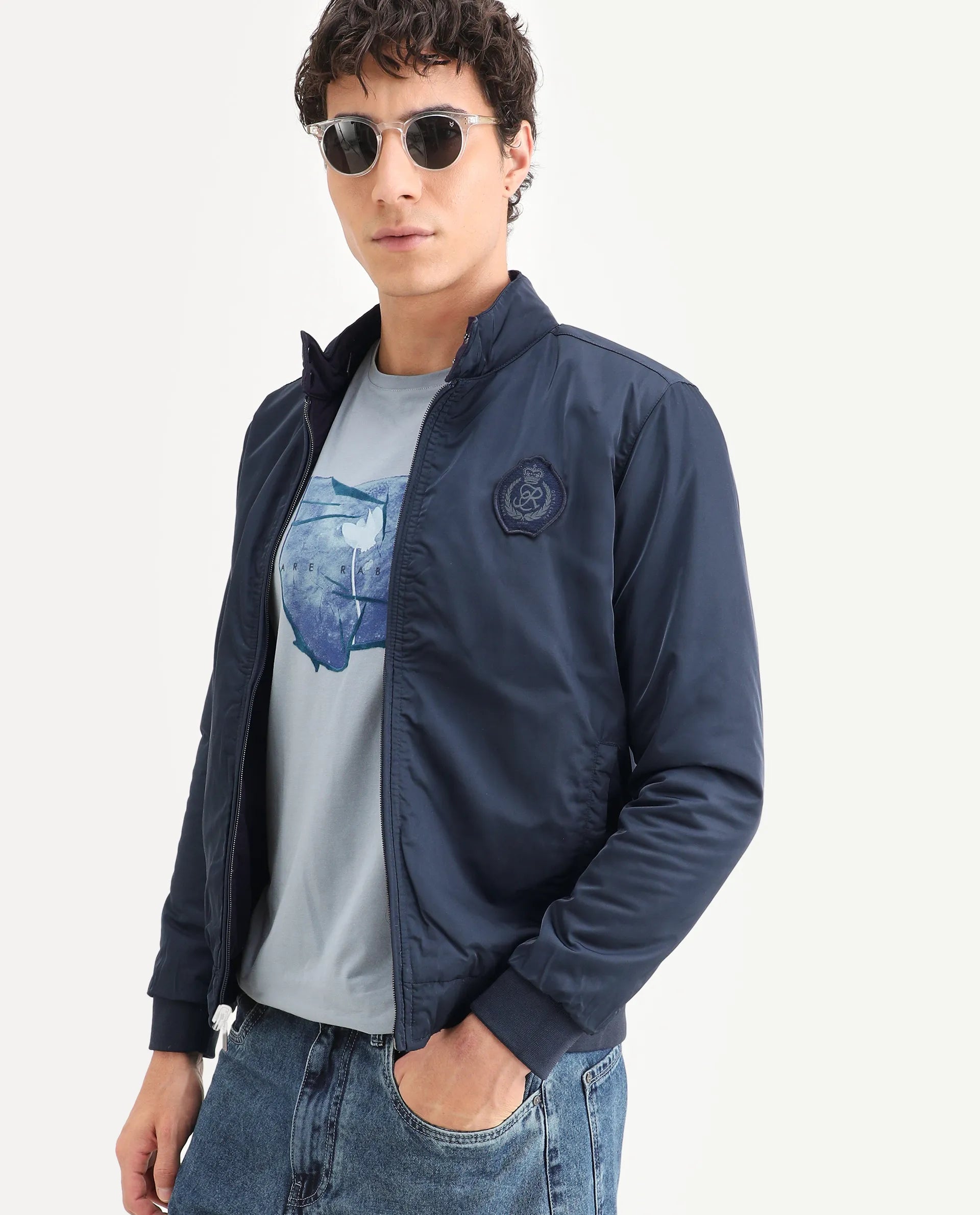 Rare Rabbit Men's Royban Navy Polyester Plain Regular Fit Full Sleeve Mandarin Collar Jacket