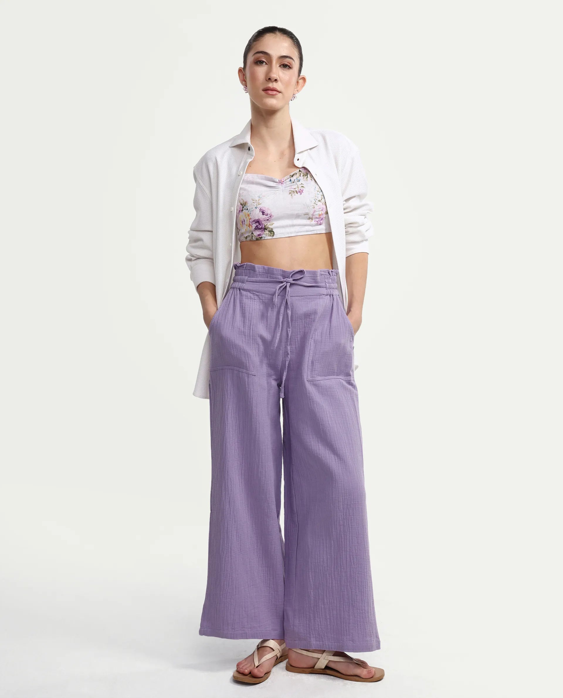 Rareism Women's Jorden B Pastel Cotton Blend Plain Ankle Length Wide Leg Trouser