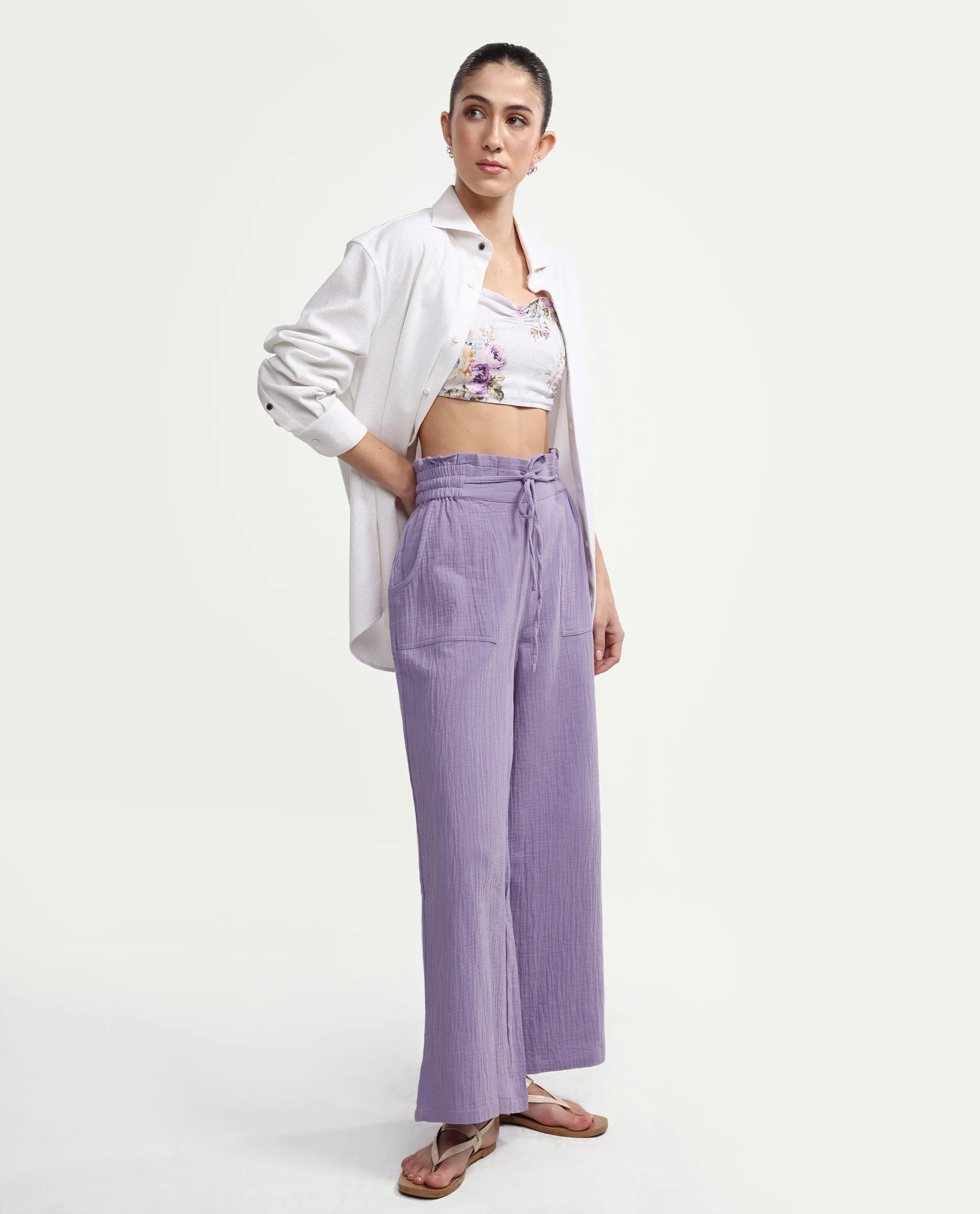 Rareism Women's Jorden B Pastel Cotton Blend Plain Ankle Length Wide Leg Trouser