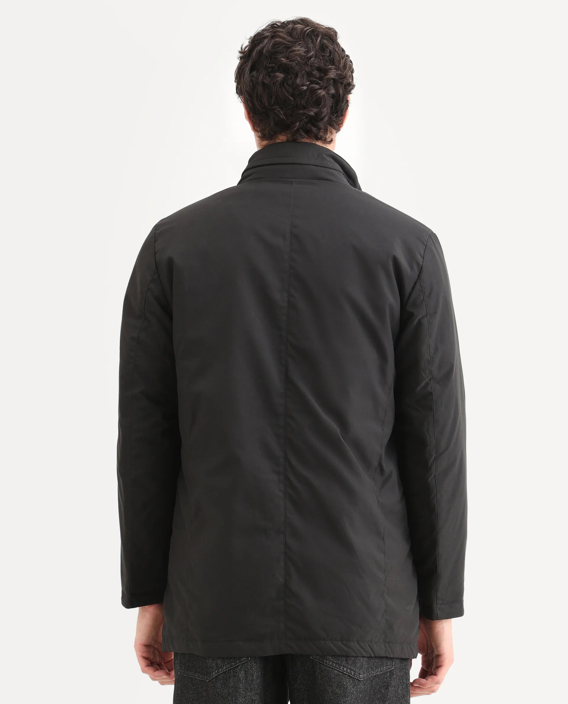 Rare Rabbit Men's Macaw Black Polyester Plain Regular Fit Full Sleeve High Neck Jacket