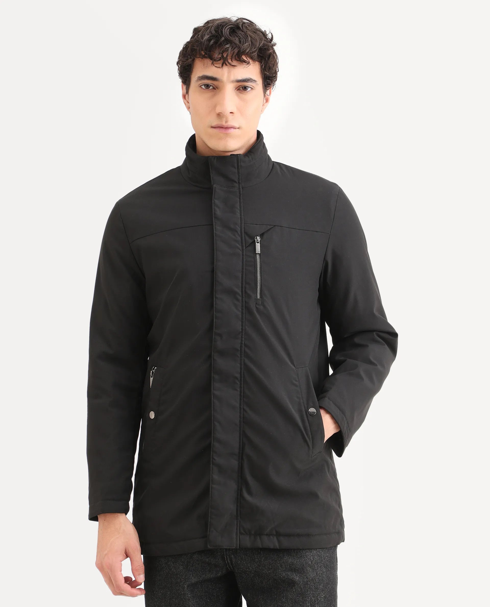 Rare Rabbit Men's Macaw Black Polyester Plain Regular Fit Full Sleeve High Neck Jacket