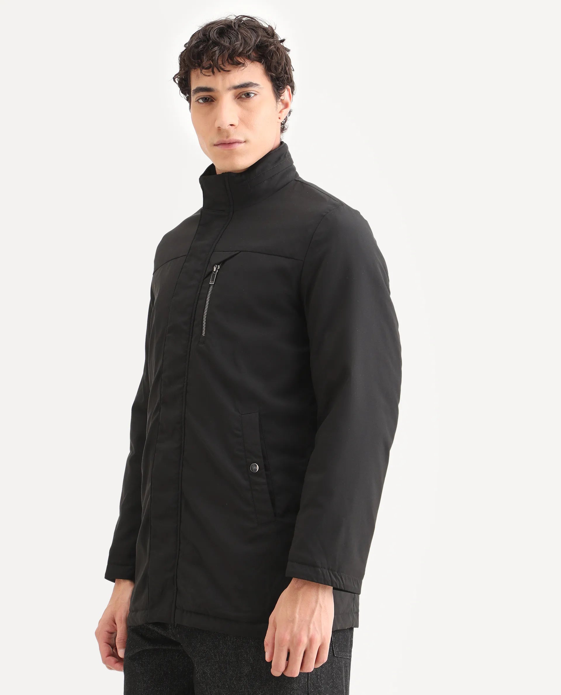 Rare Rabbit Men's Macaw Black Polyester Plain Regular Fit Full Sleeve High Neck Jacket