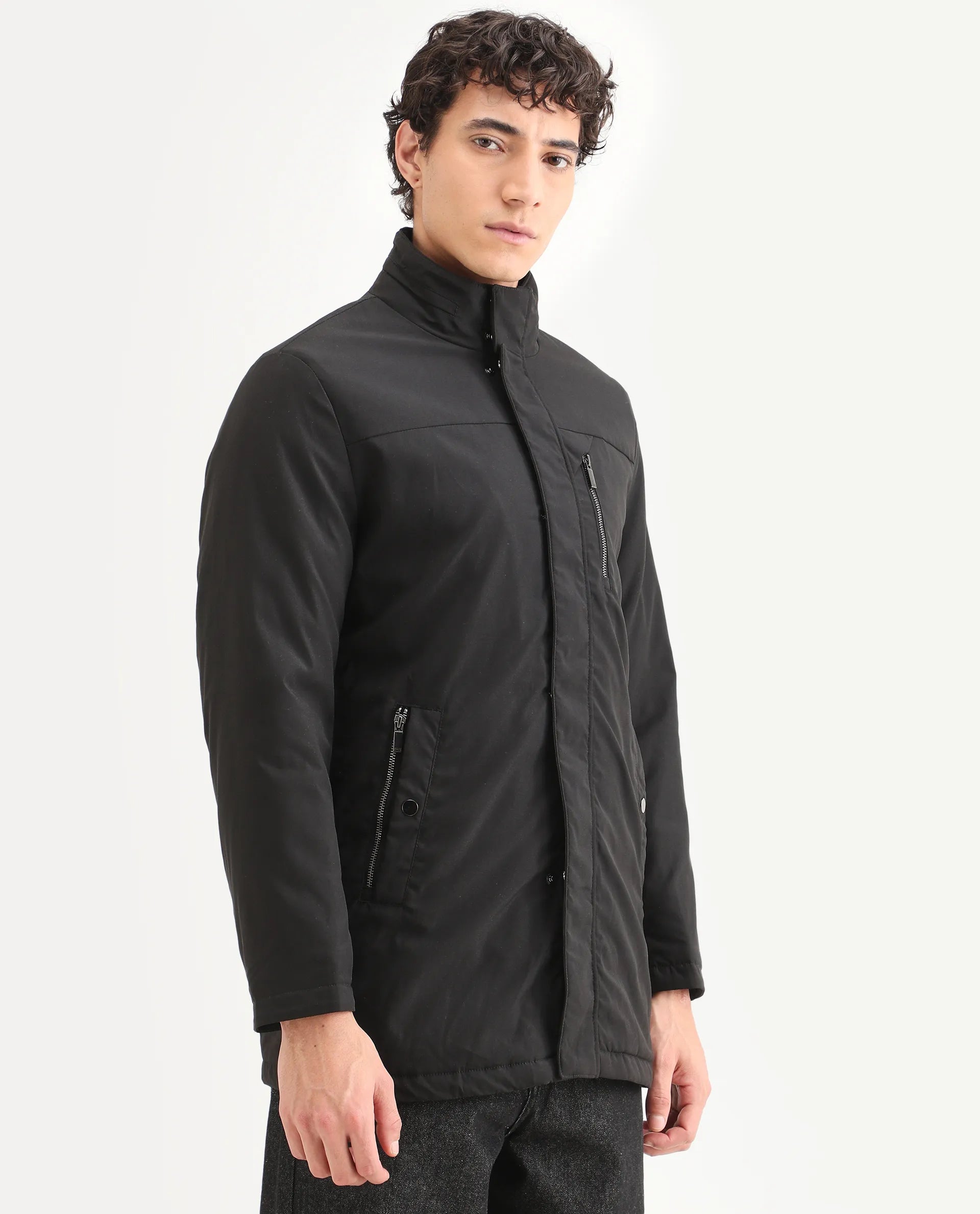 Rare Rabbit Men's Macaw Black Polyester Plain Regular Fit Full Sleeve High Neck Jacket
