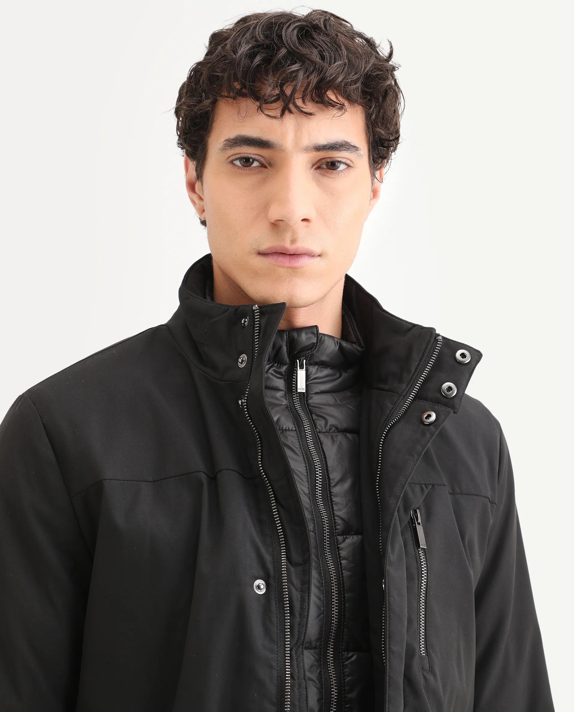 Rare Rabbit Men's Macaw Black Polyester Plain Regular Fit Full Sleeve High Neck Jacket