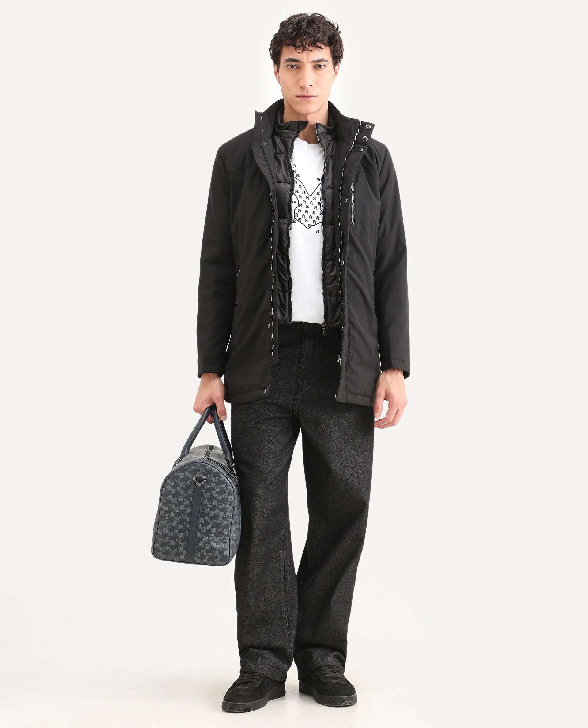 Rare Rabbit Men's Macaw Black Polyester Plain Regular Fit Full Sleeve High Neck Jacket