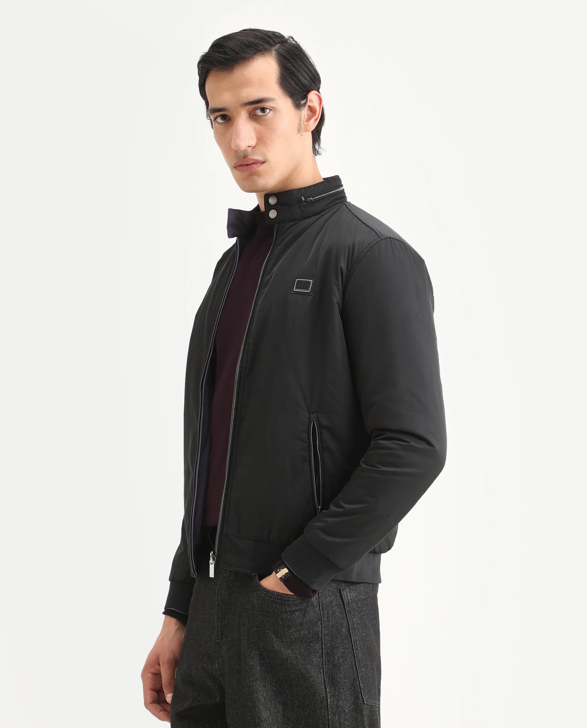 Rare Rabbit Men's Royban-2 Black Polyester Plain Regular Fit Full Sleeve High Neck Jacket