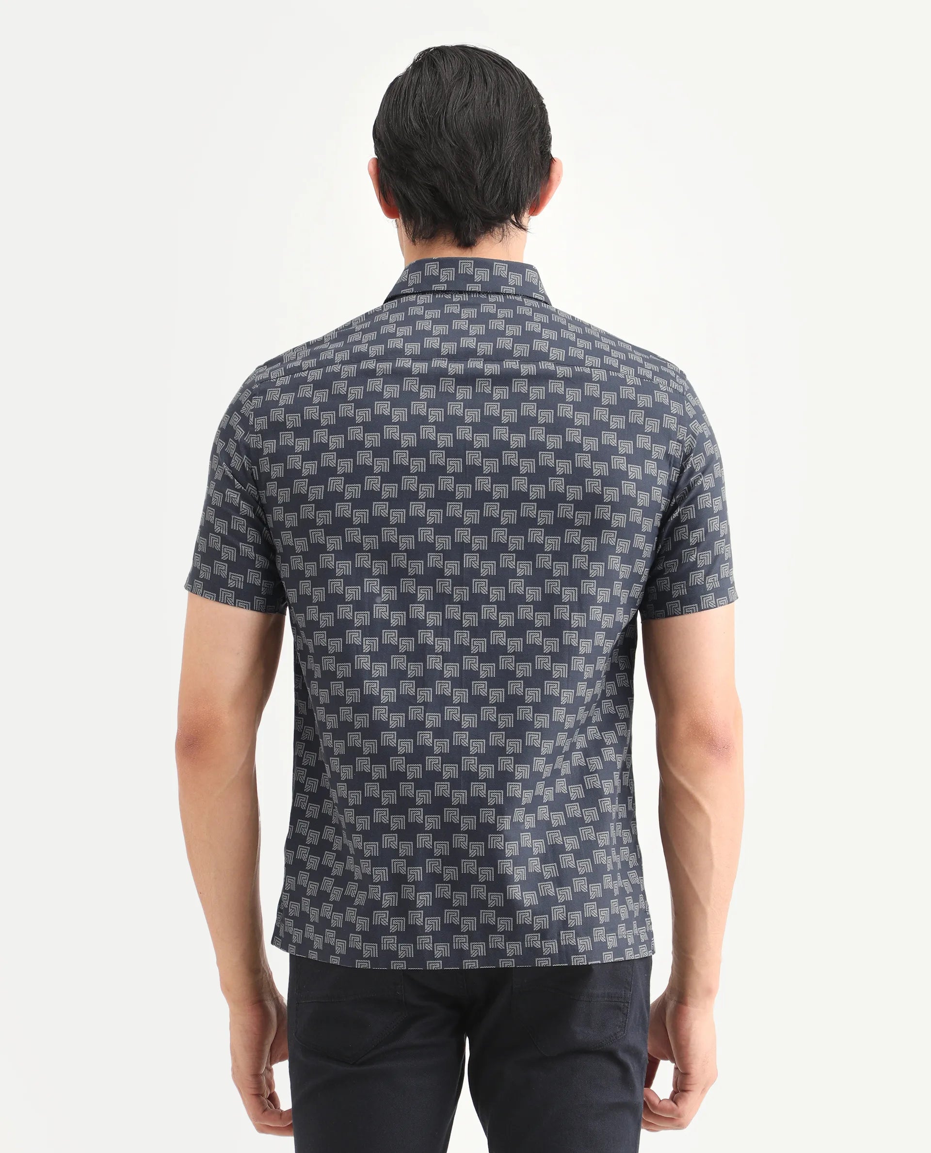 Rare Rabbit Men's Calo Navy Cotton Blend Monogram Print Boxy Fit Half Sleeve Collared Shirt