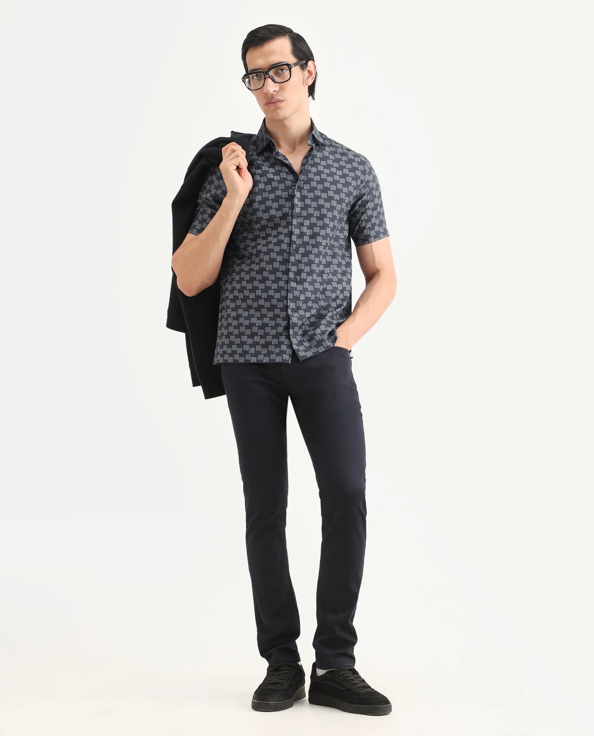 Rare Rabbit Men's Calo Navy Cotton Blend Monogram Print Boxy Fit Half Sleeve Collared Shirt