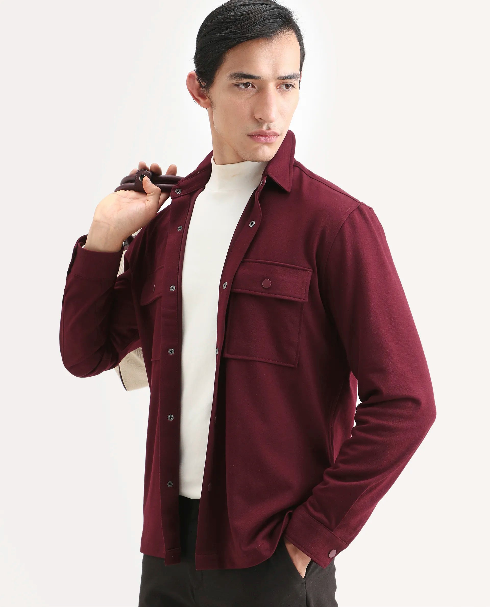 Rare Rabbit Men's Arlington Red Rayon Plain Regular Fit Full Sleeve Collared Shacket