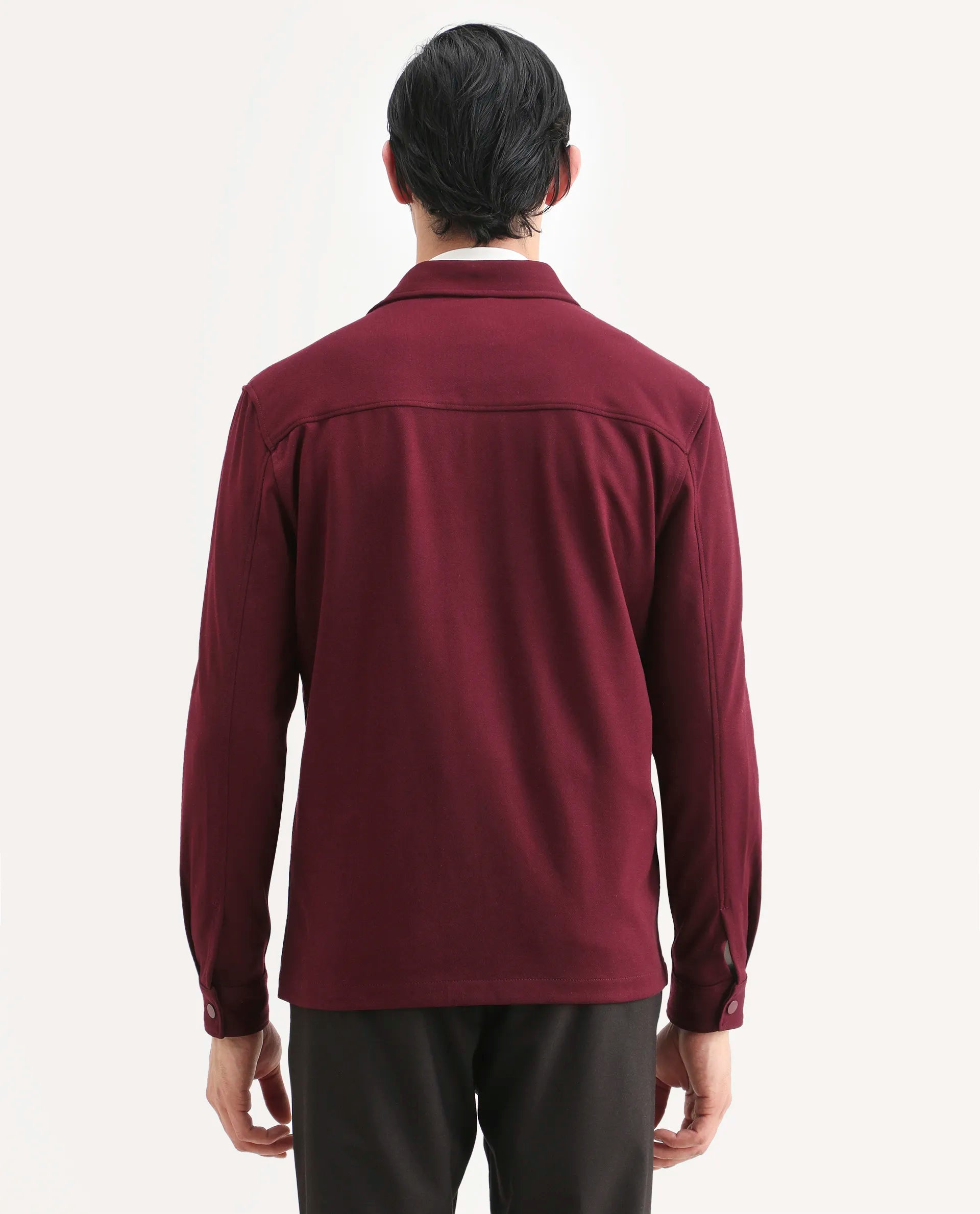 Rare Rabbit Men's Arlington Red Rayon Plain Regular Fit Full Sleeve Collared Shacket