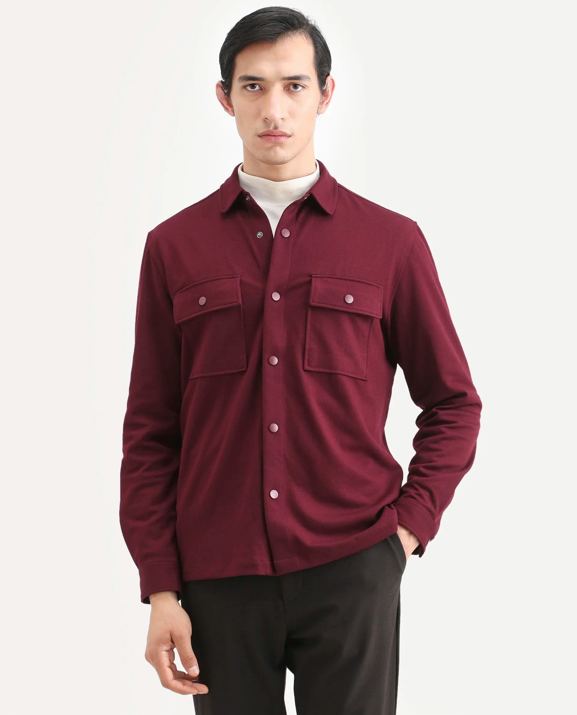 Rare Rabbit Men's Arlington Red Rayon Plain Regular Fit Full Sleeve Collared Shacket