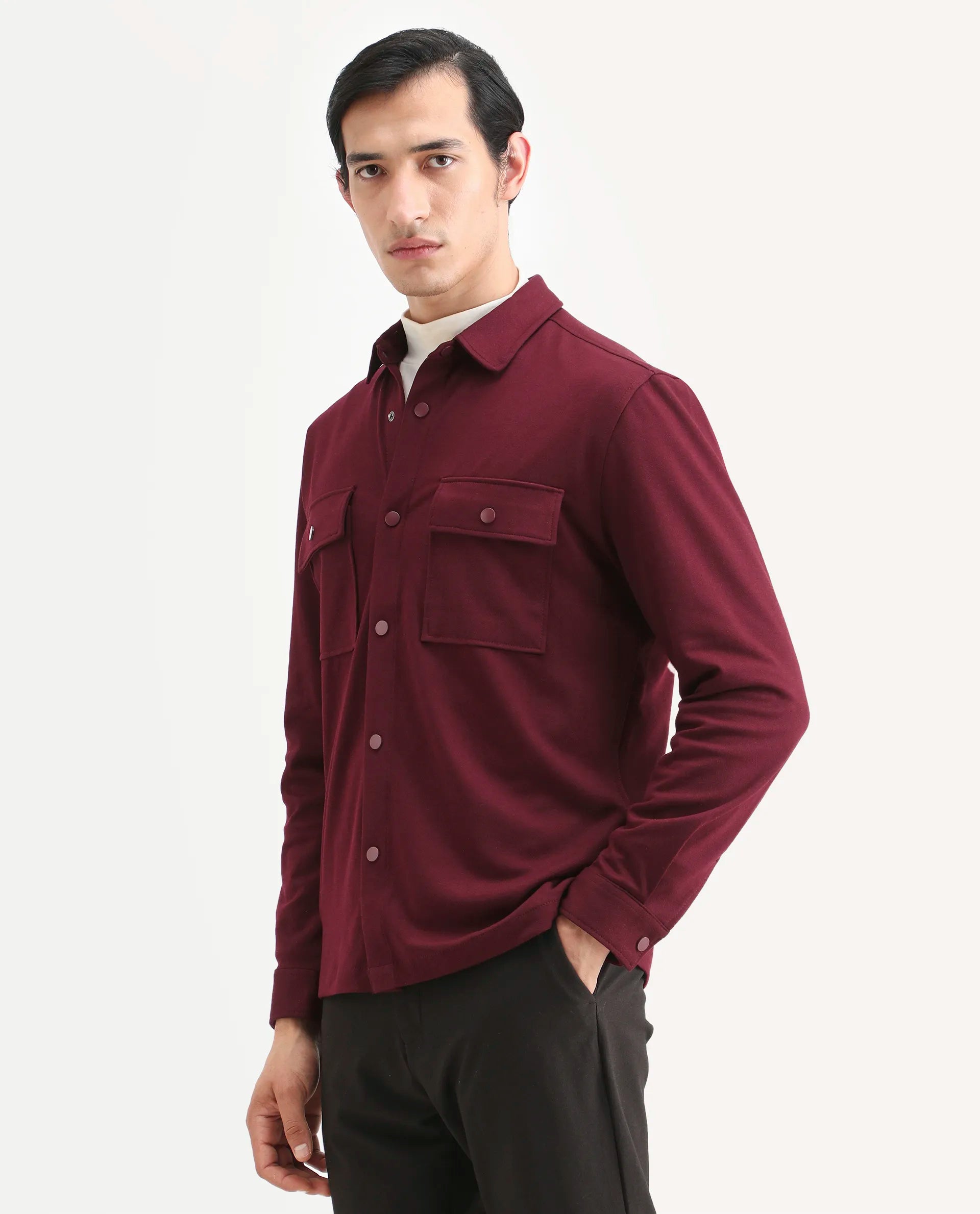 Rare Rabbit Men's Arlington Red Rayon Plain Regular Fit Full Sleeve Collared Shacket