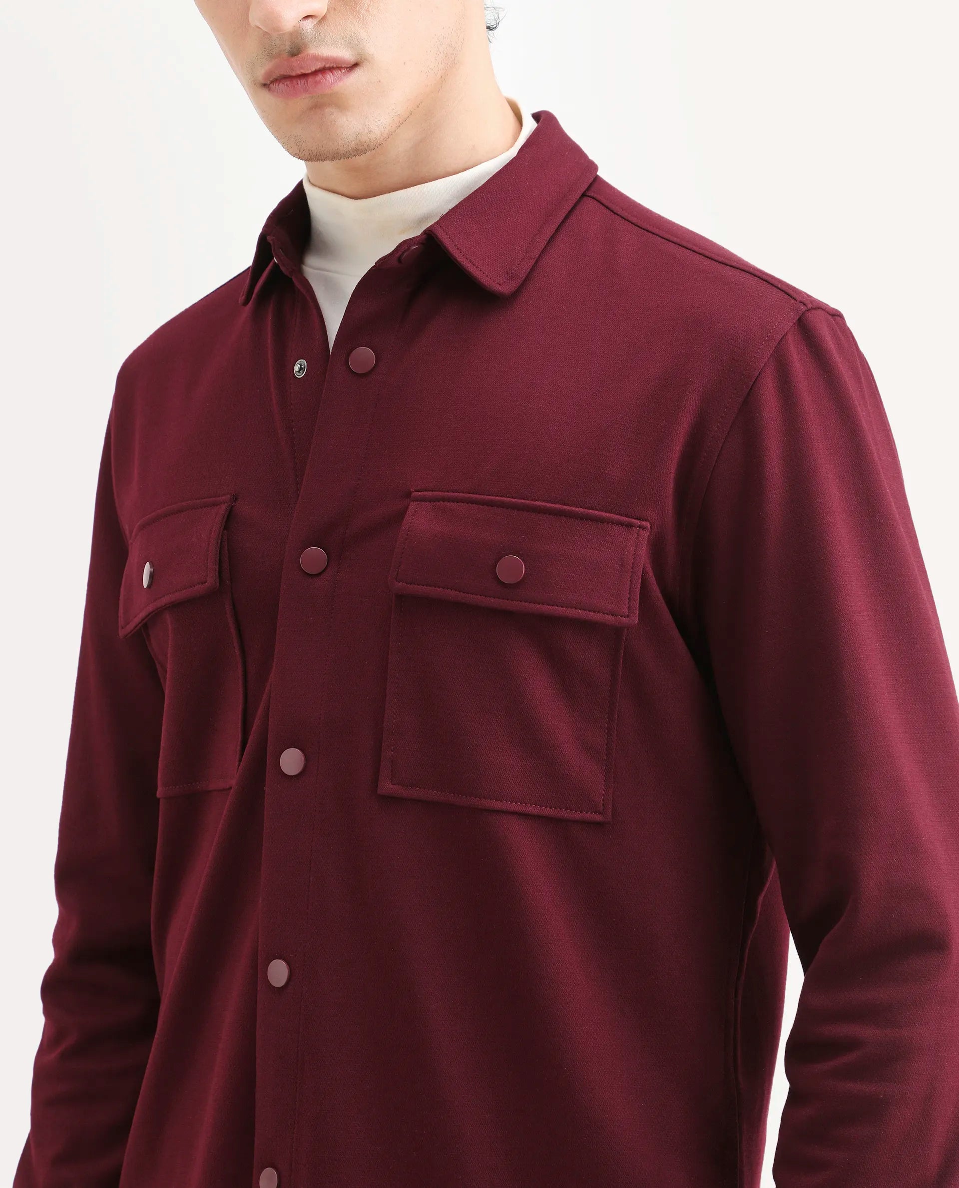 Rare Rabbit Men's Arlington Red Rayon Plain Regular Fit Full Sleeve Collared Shacket