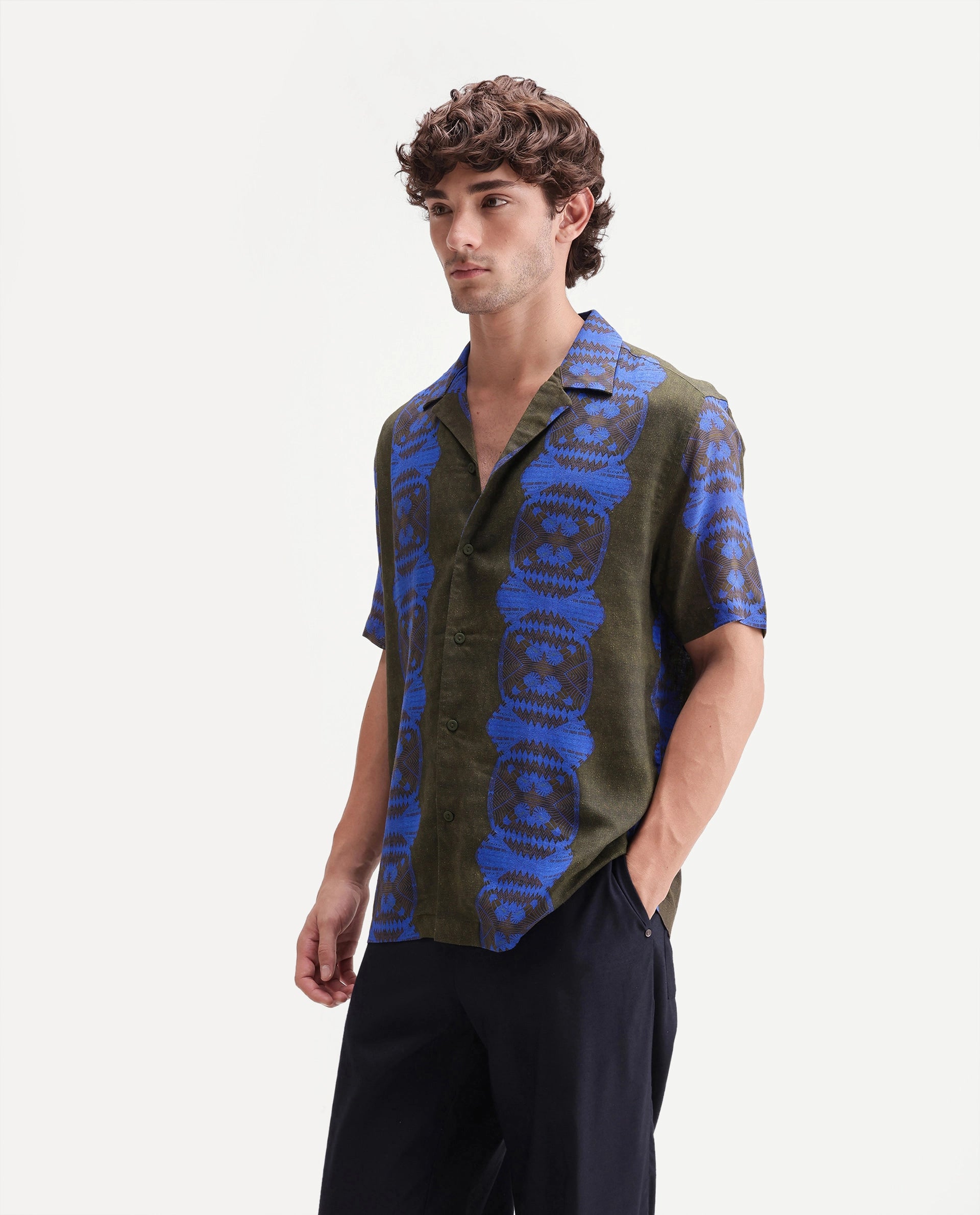 Rare Rabbit Men's Vero Olive Linen Blend Abstract Print Boxy Fit Half Sleeve Cuban Collar Shirt