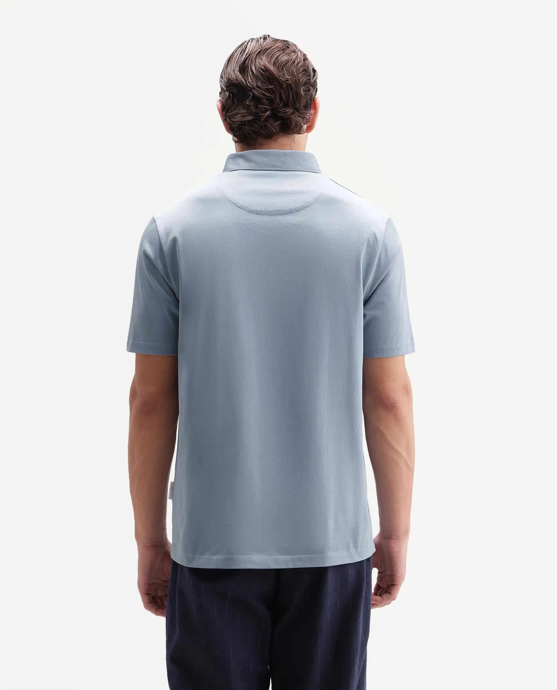 Rare Rabbit Men's Clarence-1 Dusky Blue Cotton Plain Regular Fit Half Sleeve Polo