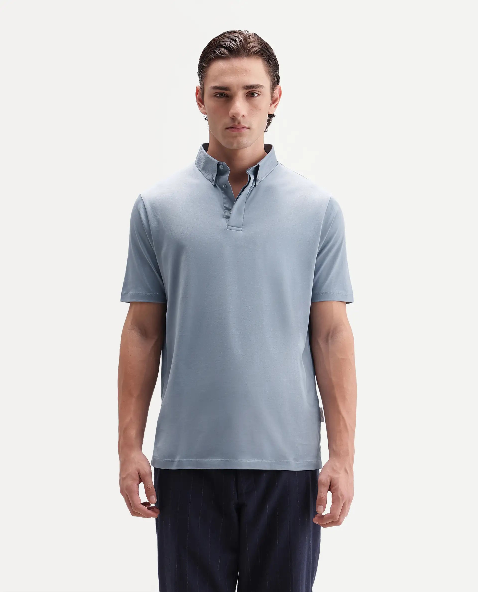 Rare Rabbit Men's Clarence-1 Dusky Blue Cotton Plain Regular Fit Half Sleeve Polo