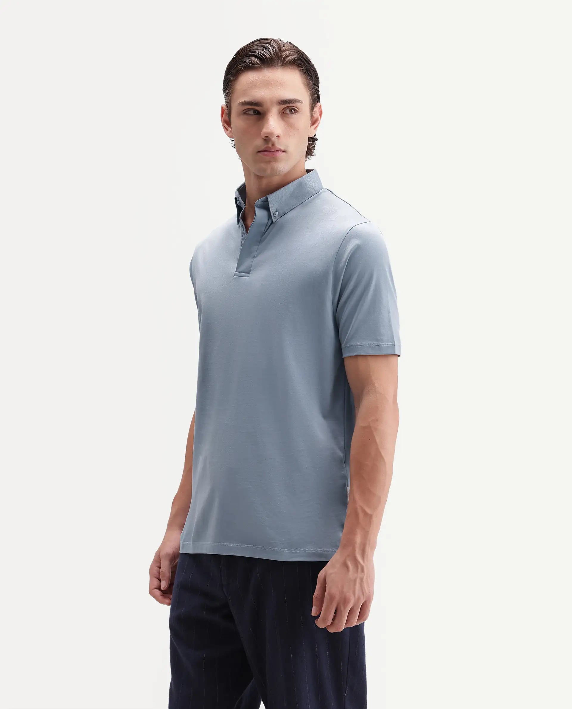 Rare Rabbit Men's Clarence-1 Dusky Blue Cotton Plain Regular Fit Half Sleeve Polo