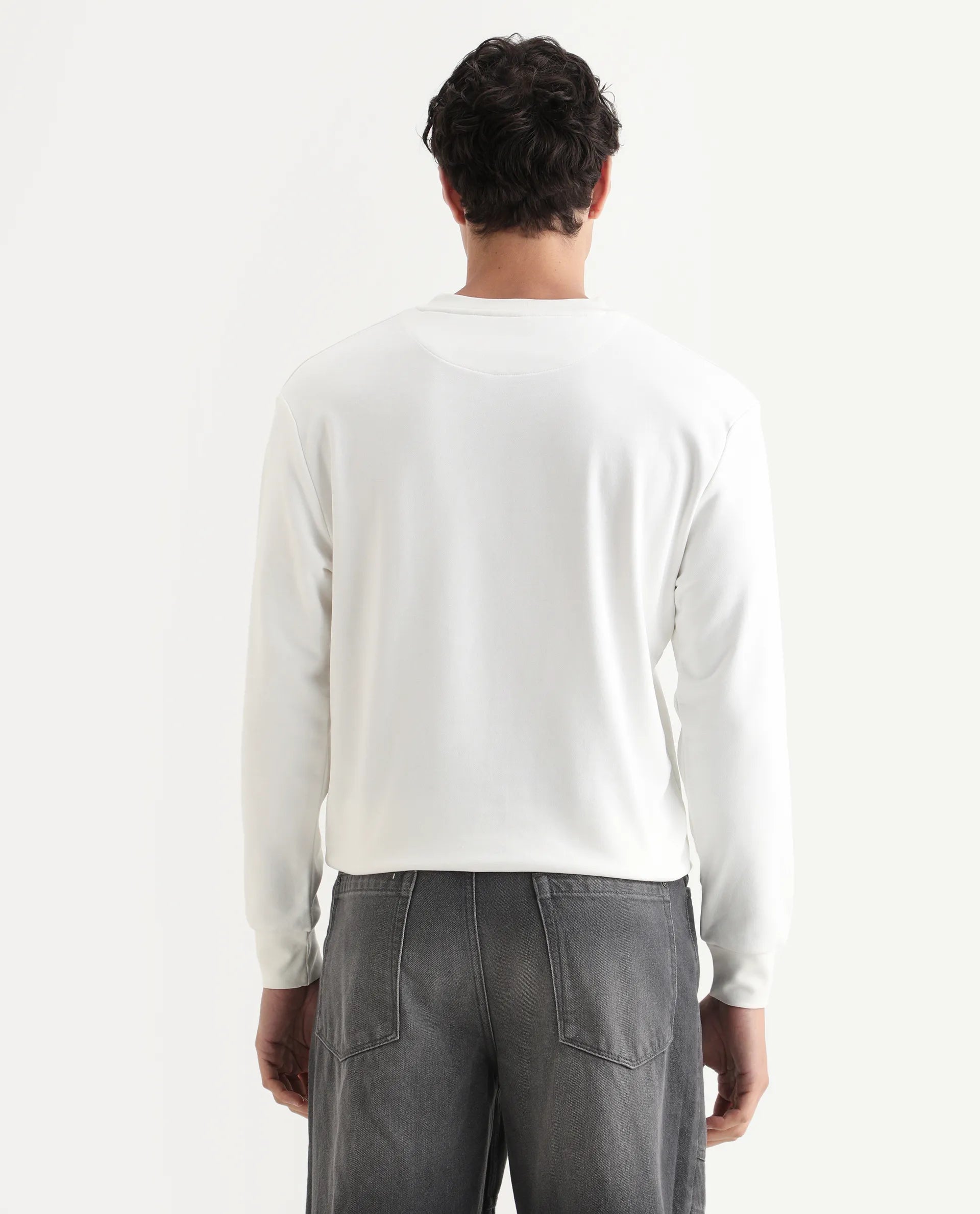 Rare Rabbit Men's Raydon Off White Cotton Graphic Print Regular Fit Full Sleeve Crew Neck Sweatshirt