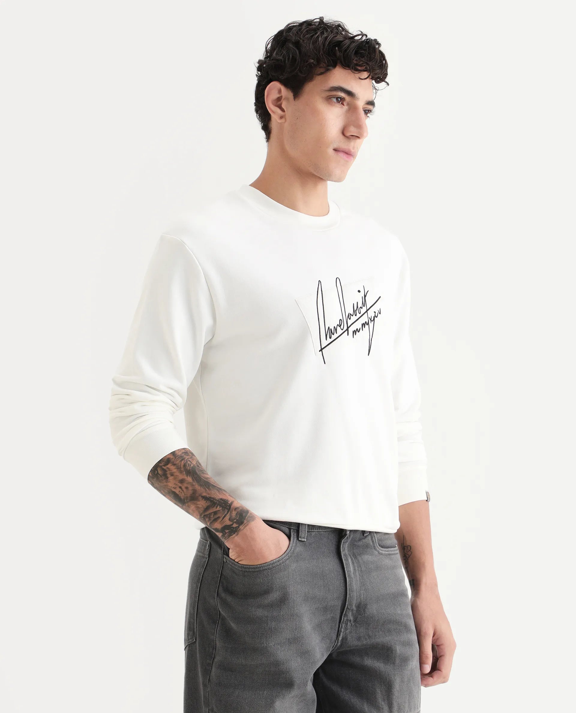 Rare Rabbit Men's Raydon Off White Cotton Graphic Print Regular Fit Full Sleeve Crew Neck Sweatshirt