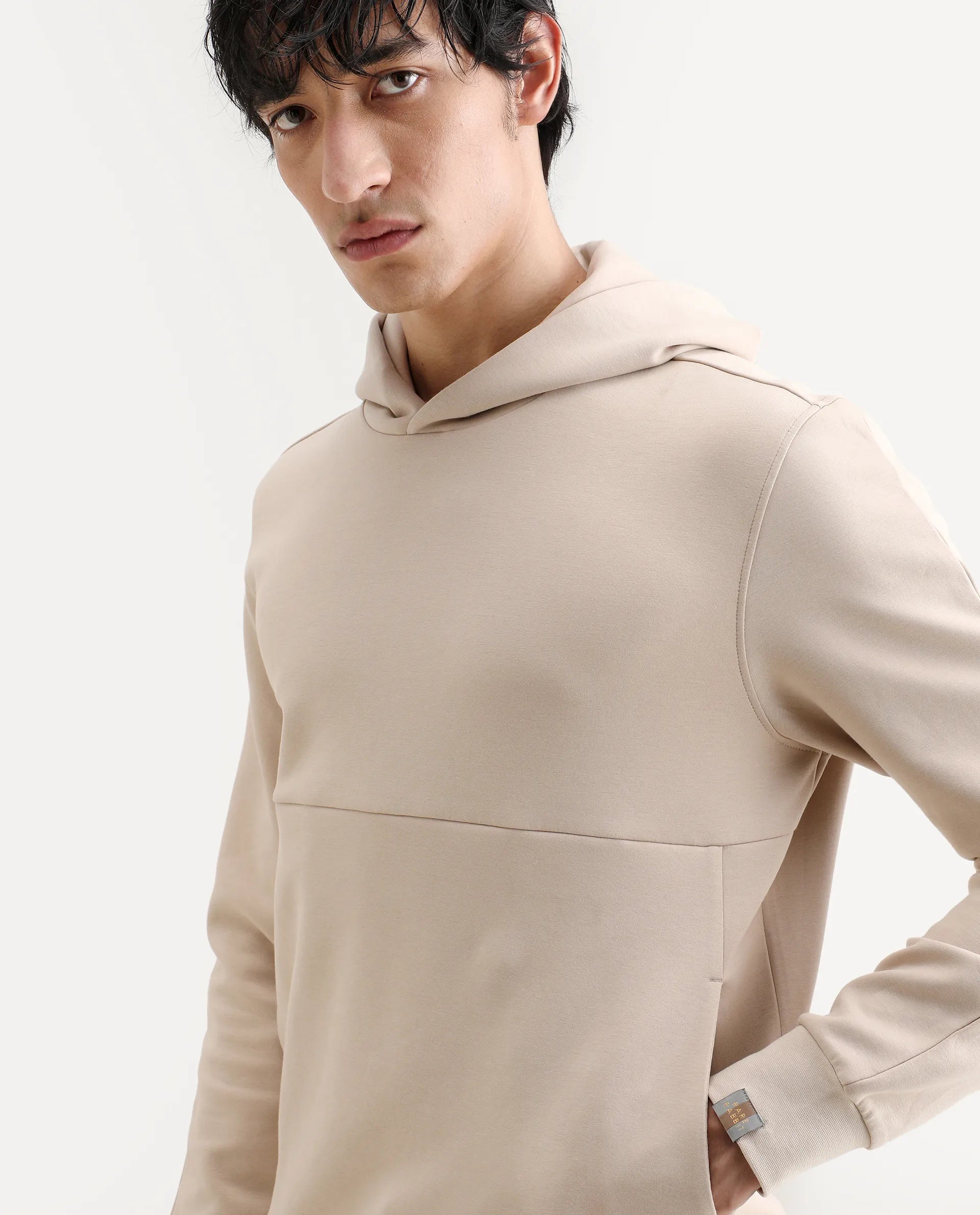 Rare Rabbit Men's Scon Light Beige Cotton Plain Regular Fit Full Sleeve Hooded Sweatshirt