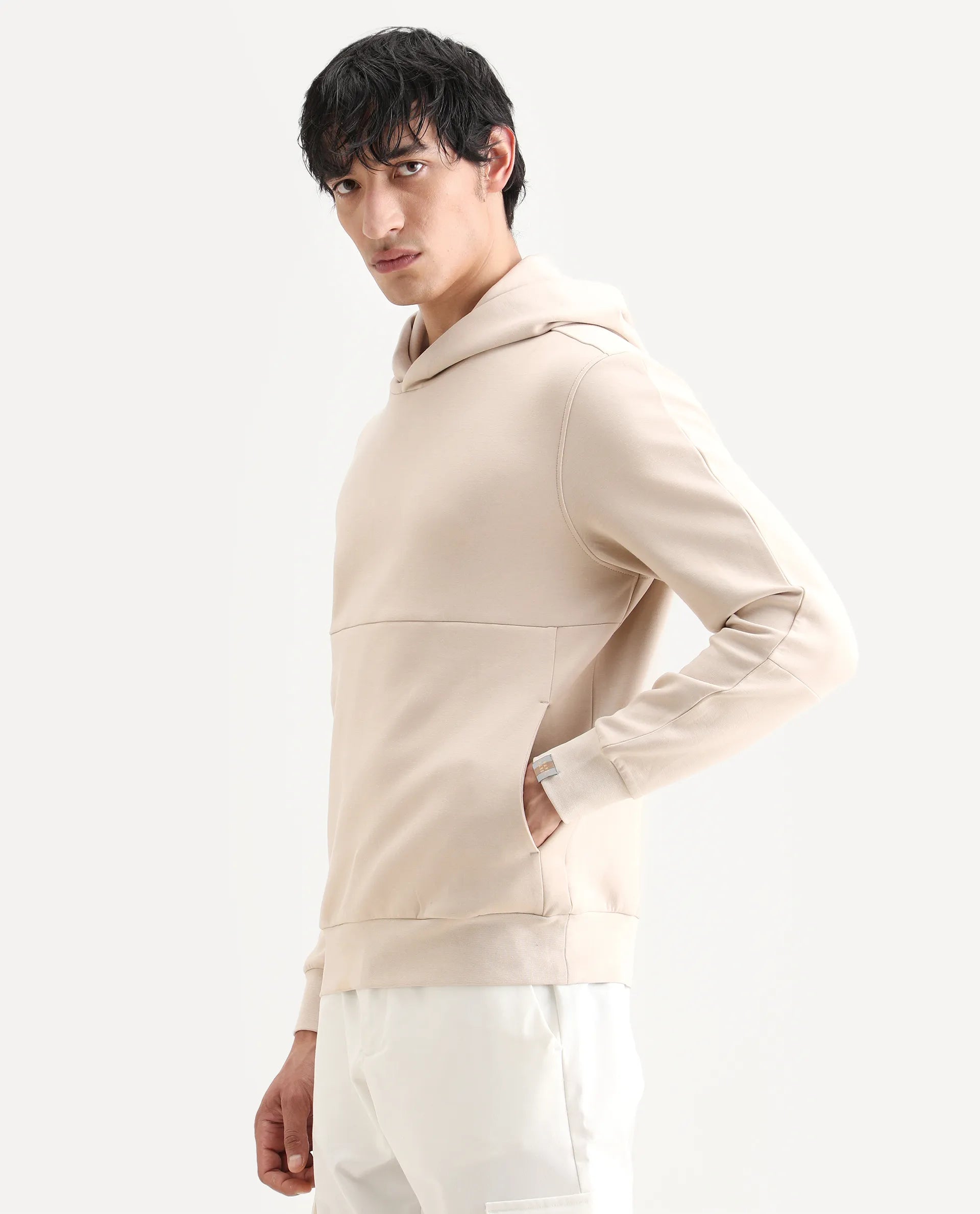 Rare Rabbit Men's Scon Light Beige Cotton Plain Regular Fit Full Sleeve Hooded Sweatshirt