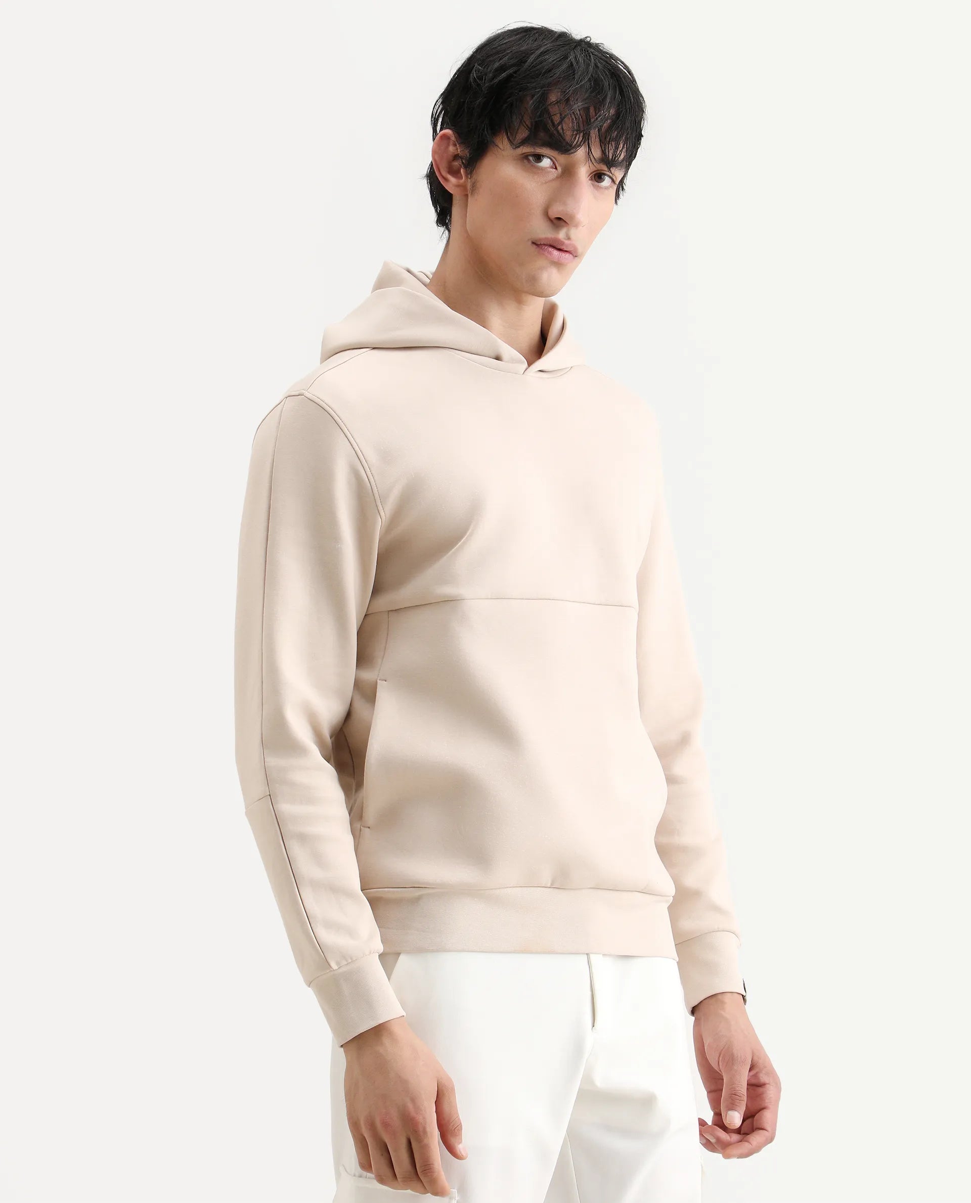 Rare Rabbit Men's Scon Light Beige Cotton Plain Regular Fit Full Sleeve Hooded Sweatshirt