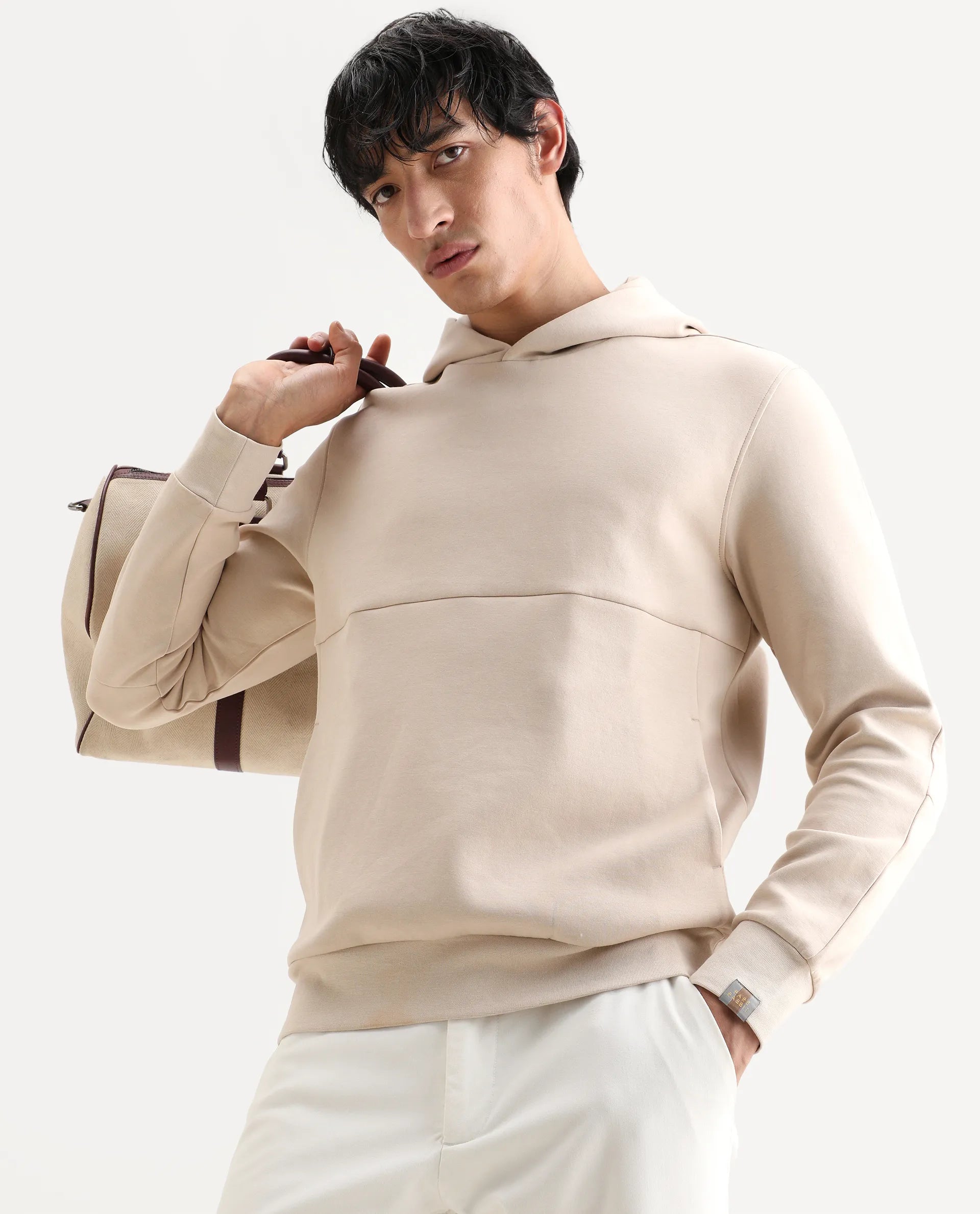 Rare Rabbit Men's Scon Light Beige Cotton Plain Regular Fit Full Sleeve Hooded Sweatshirt