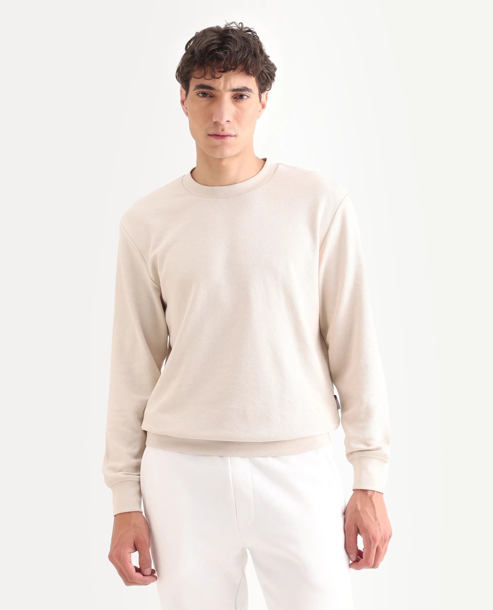 Rare Rabbit Men's Foy Off White Cotton Plain Regular Fit Full Sleeve Crew Neck Sweatshirt