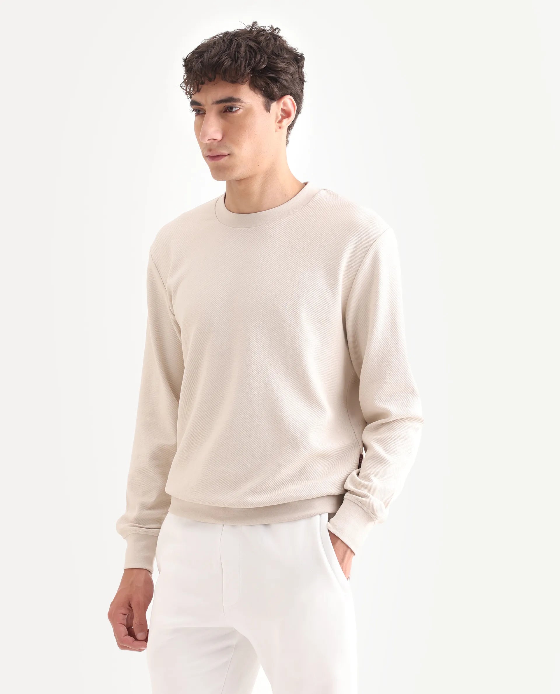 Rare Rabbit Men's Foy Off White Cotton Plain Regular Fit Full Sleeve Crew Neck Sweatshirt