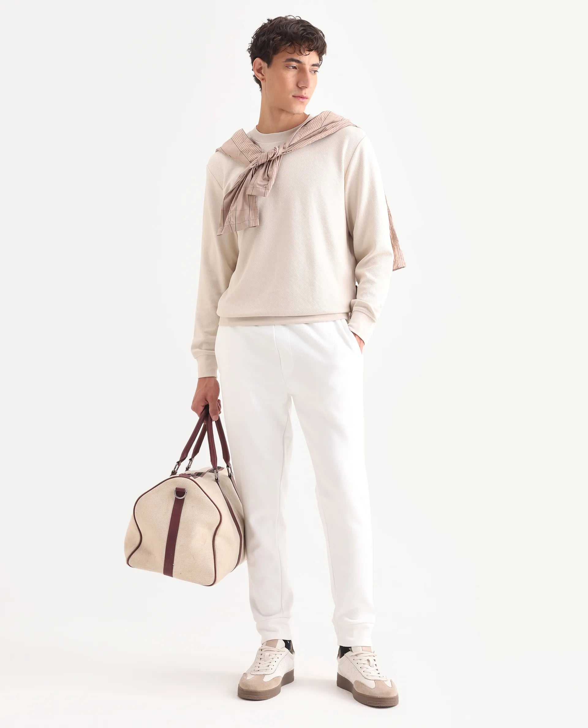 Rare Rabbit Men's Foy Off White Cotton Plain Regular Fit Full Sleeve Crew Neck Sweatshirt