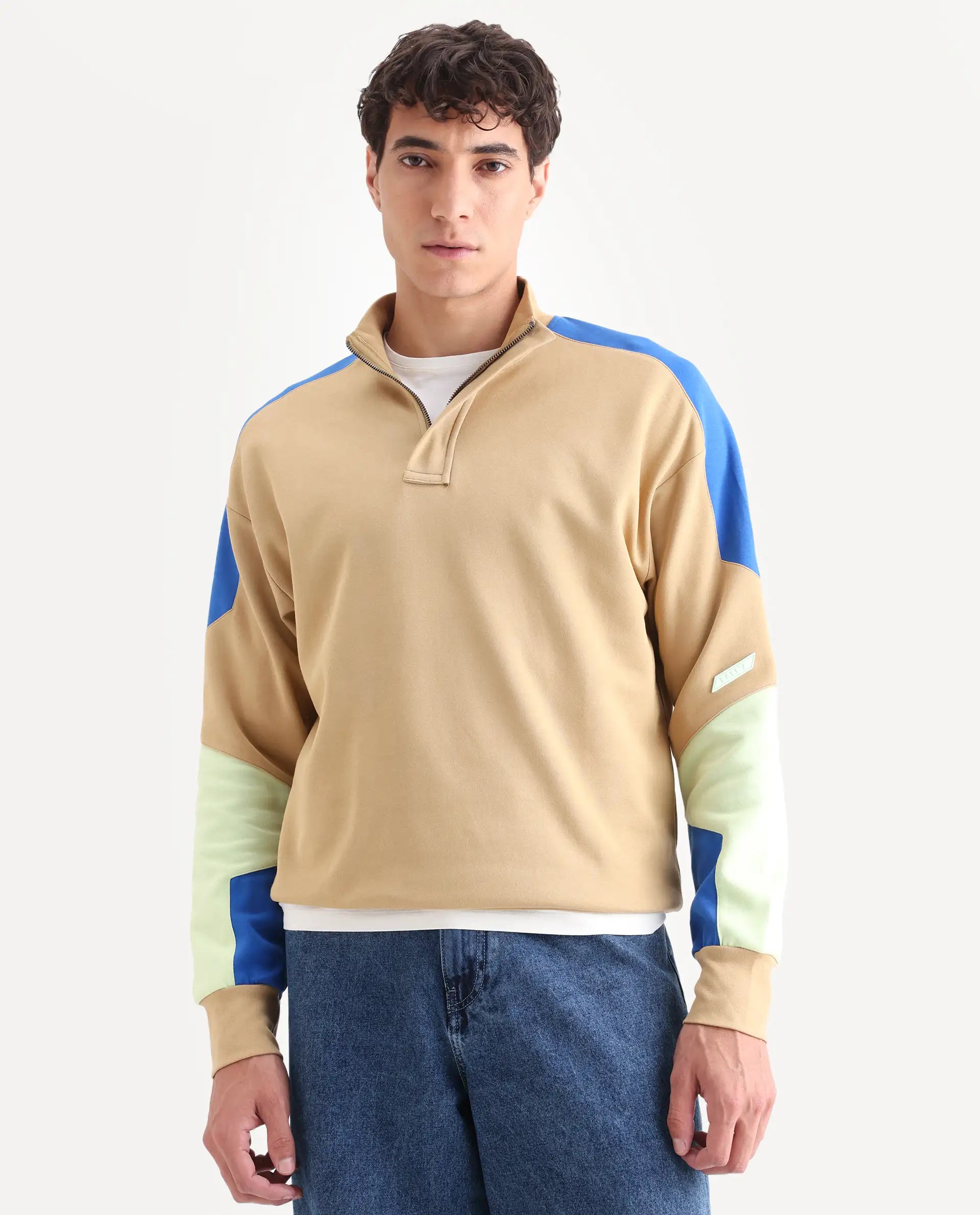 Rare Rabbit Men's Armo-1 Dusky Beige Cotton Ombre Regular Fit Full Sleeve High Neck Sweatshirt