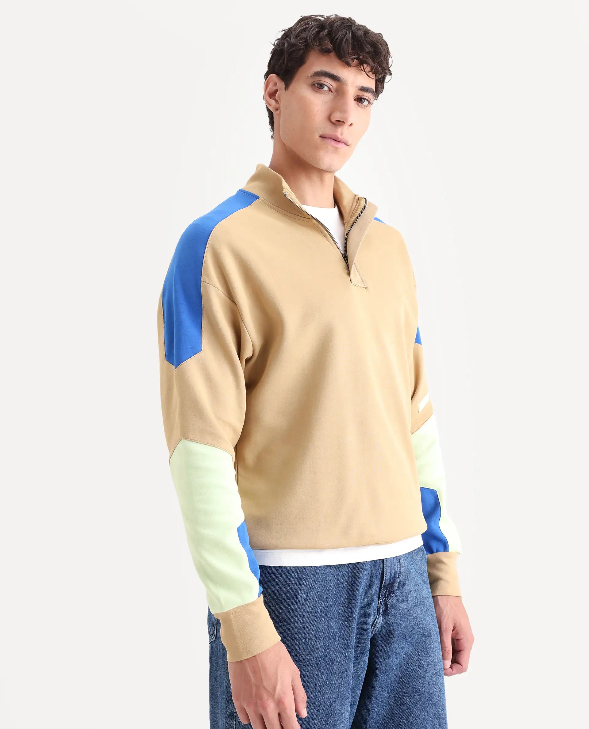 Rare Rabbit Men's Armo-1 Dusky Beige Cotton Ombre Regular Fit Full Sleeve High Neck Sweatshirt