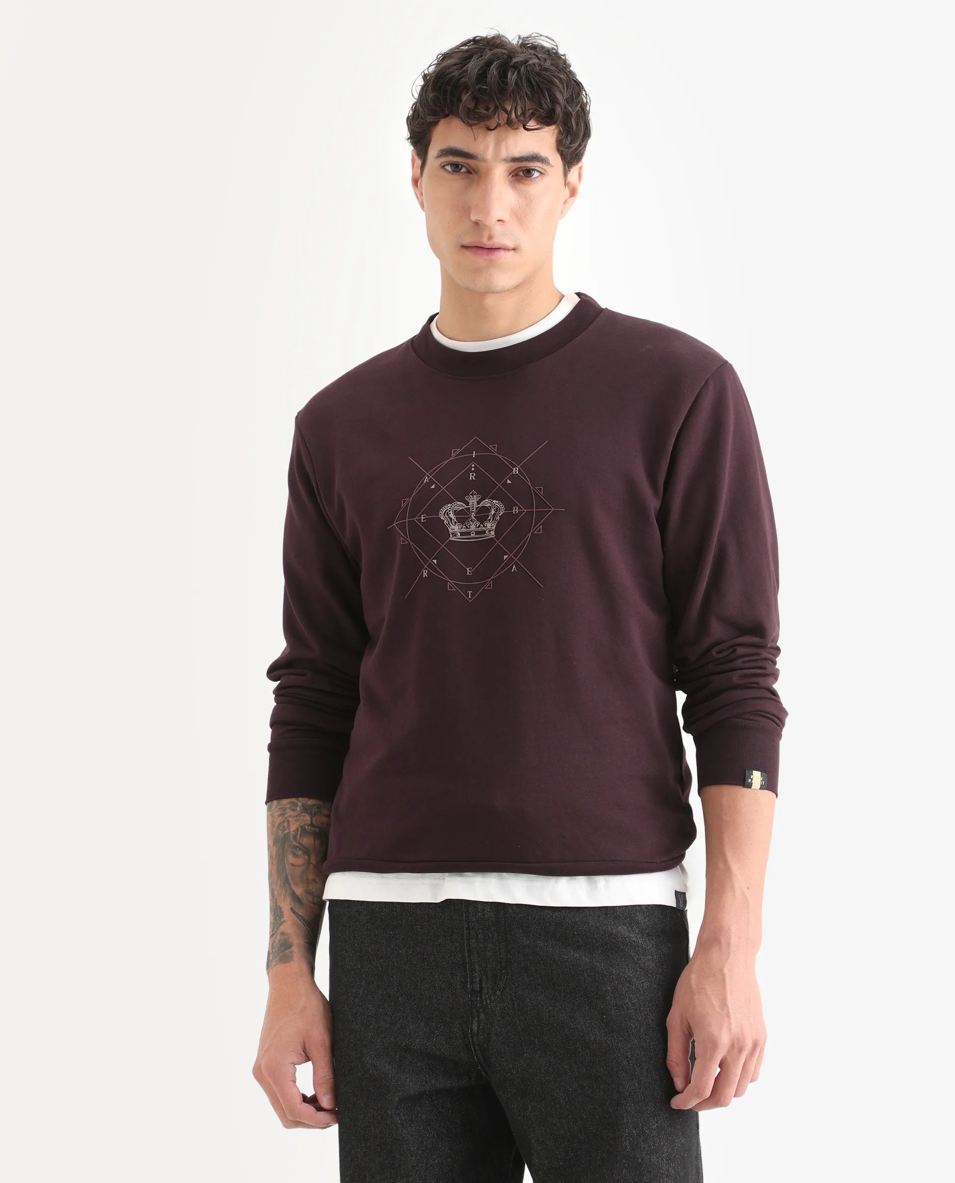 Rare Rabbit Men's Tarol Dark Brown Cotton Blend Graphic Print Boxy Fit Full Sleeve Crew Neck Sweatshirt