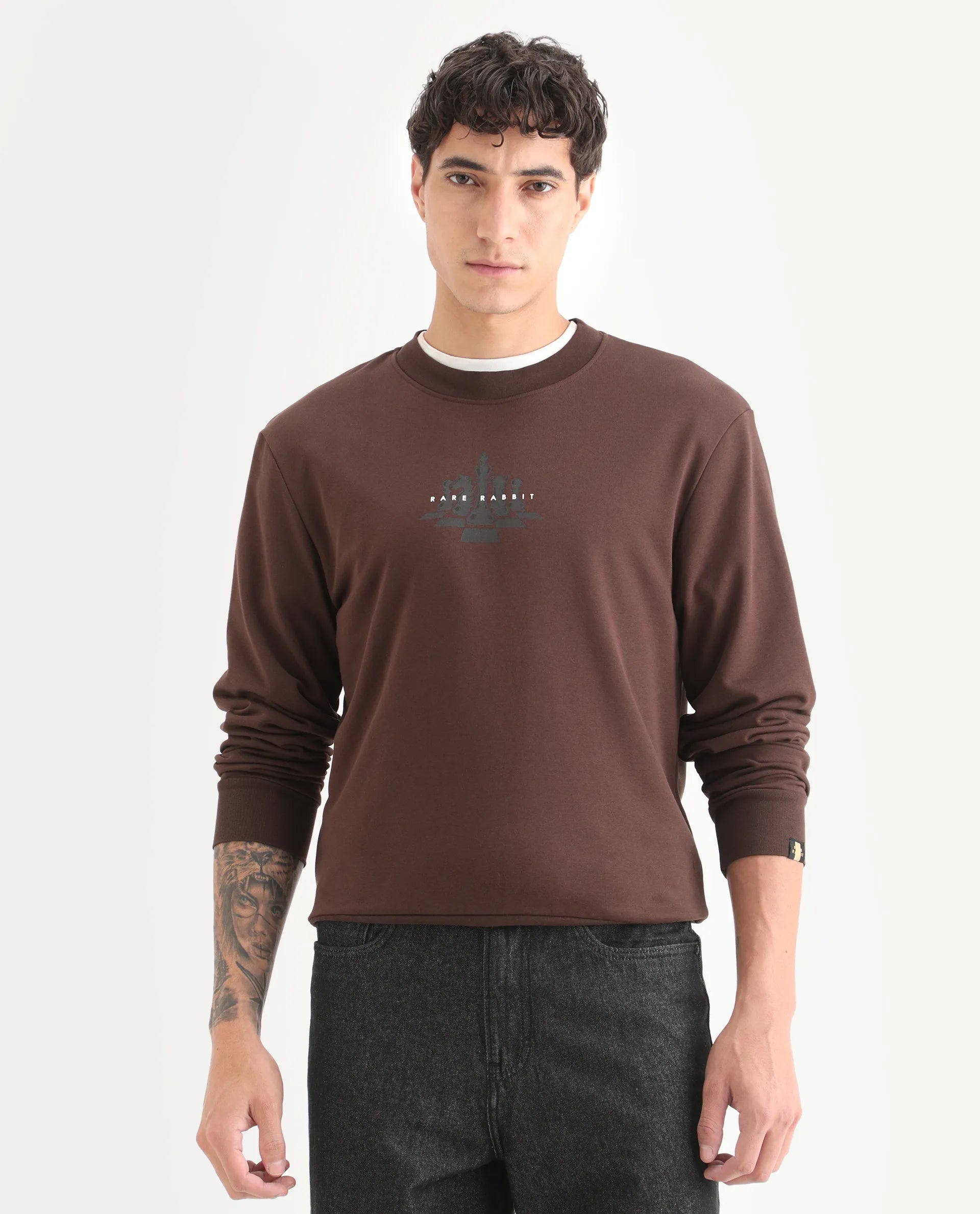 Rare Rabbit Men's Marq Dark Brown Polyester Graphic Print Regular Fit Full Sleeve Crew Neck Sweatshirt