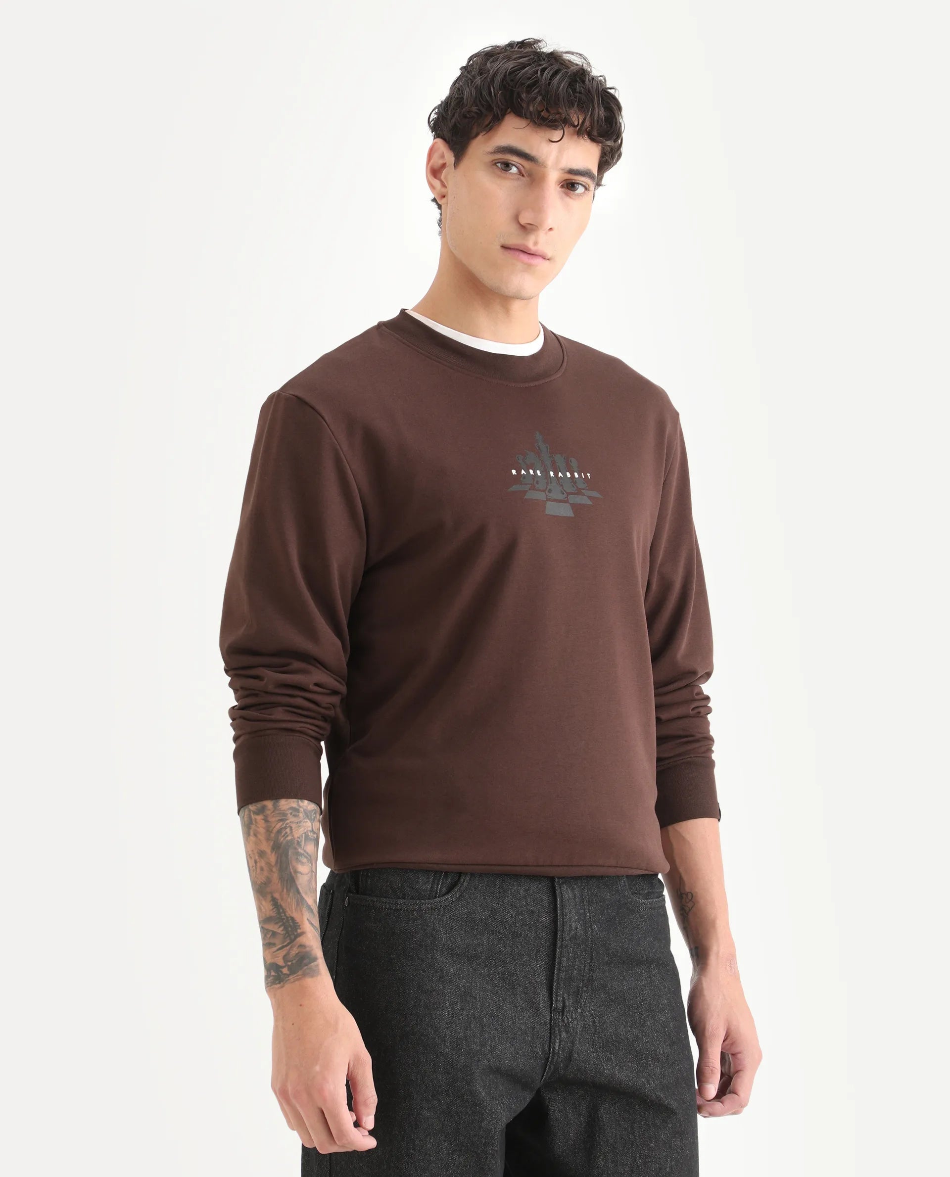 Rare Rabbit Men's Marq Dark Brown Polyester Graphic Print Regular Fit Full Sleeve Crew Neck Sweatshirt