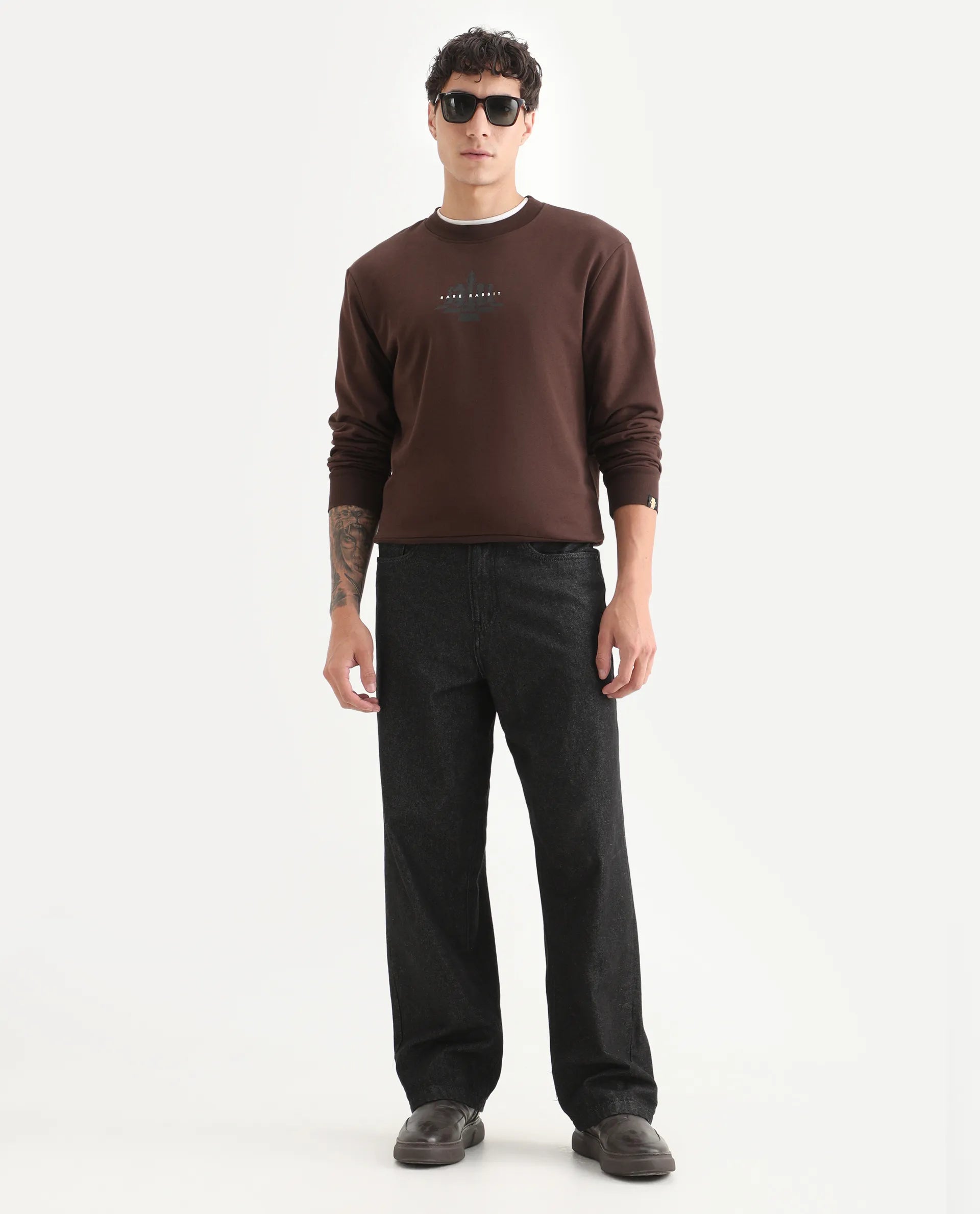 Rare Rabbit Men's Marq Dark Brown Polyester Graphic Print Regular Fit Full Sleeve Crew Neck Sweatshirt