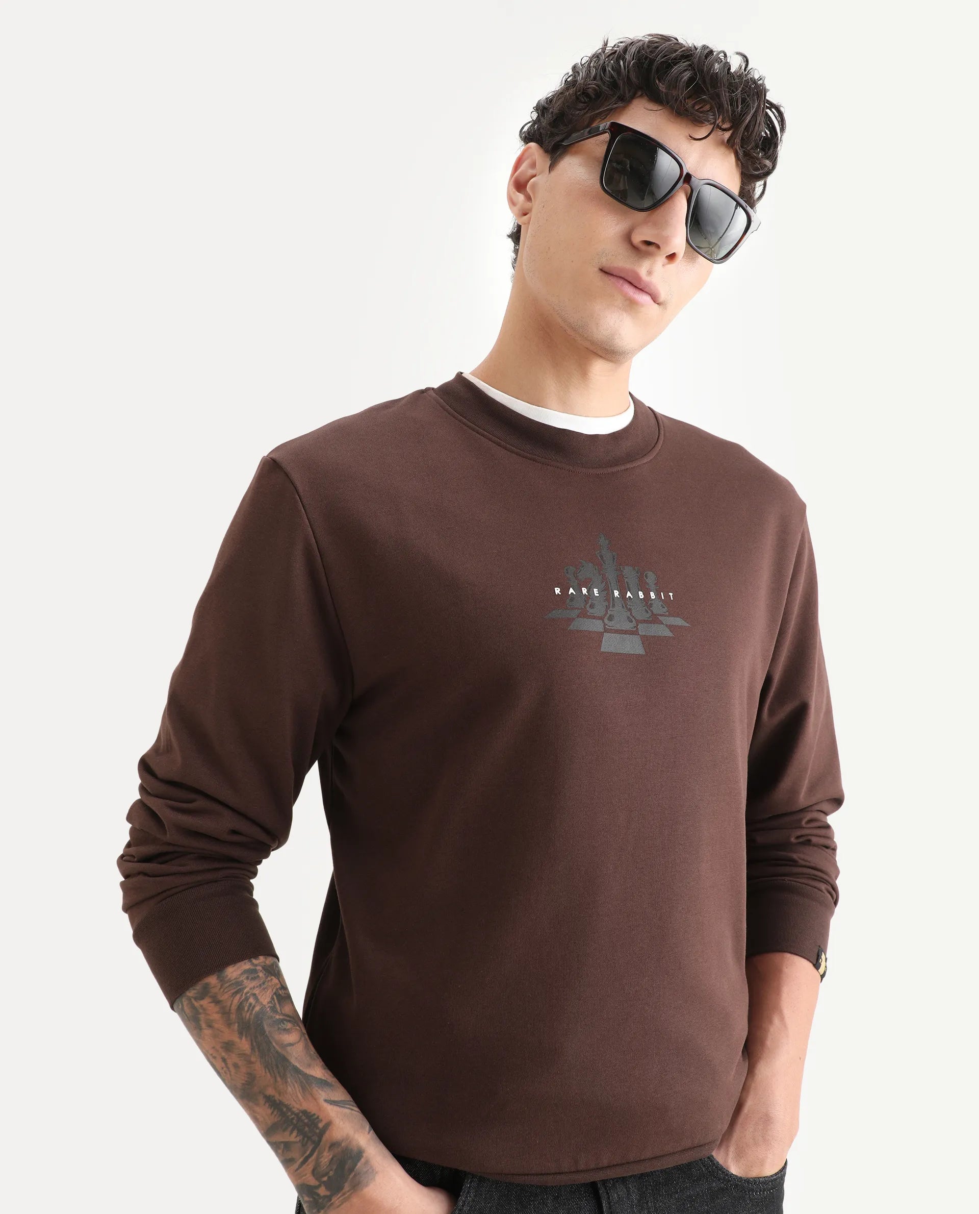Rare Rabbit Men's Marq Dark Brown Polyester Graphic Print Regular Fit Full Sleeve Crew Neck Sweatshirt