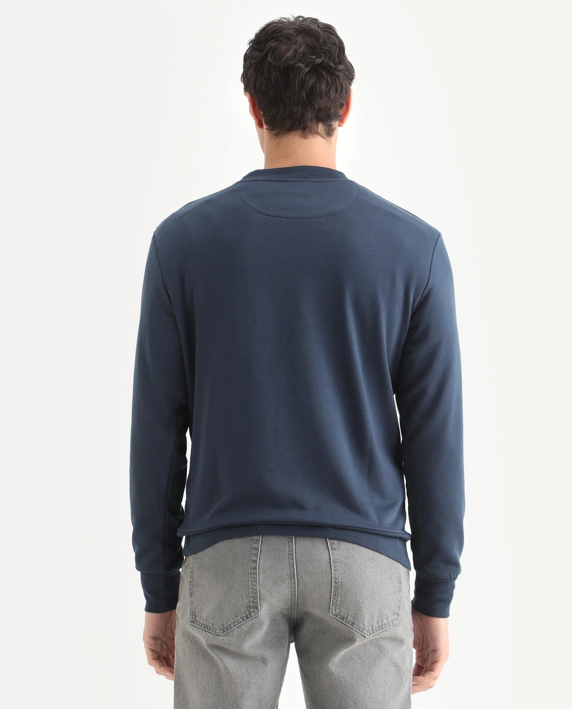 Rare Rabbit Men's Emry Navy Cotton Blend Graphic Print Regular Fit Full Sleeve Crew Neck Sweatshirt