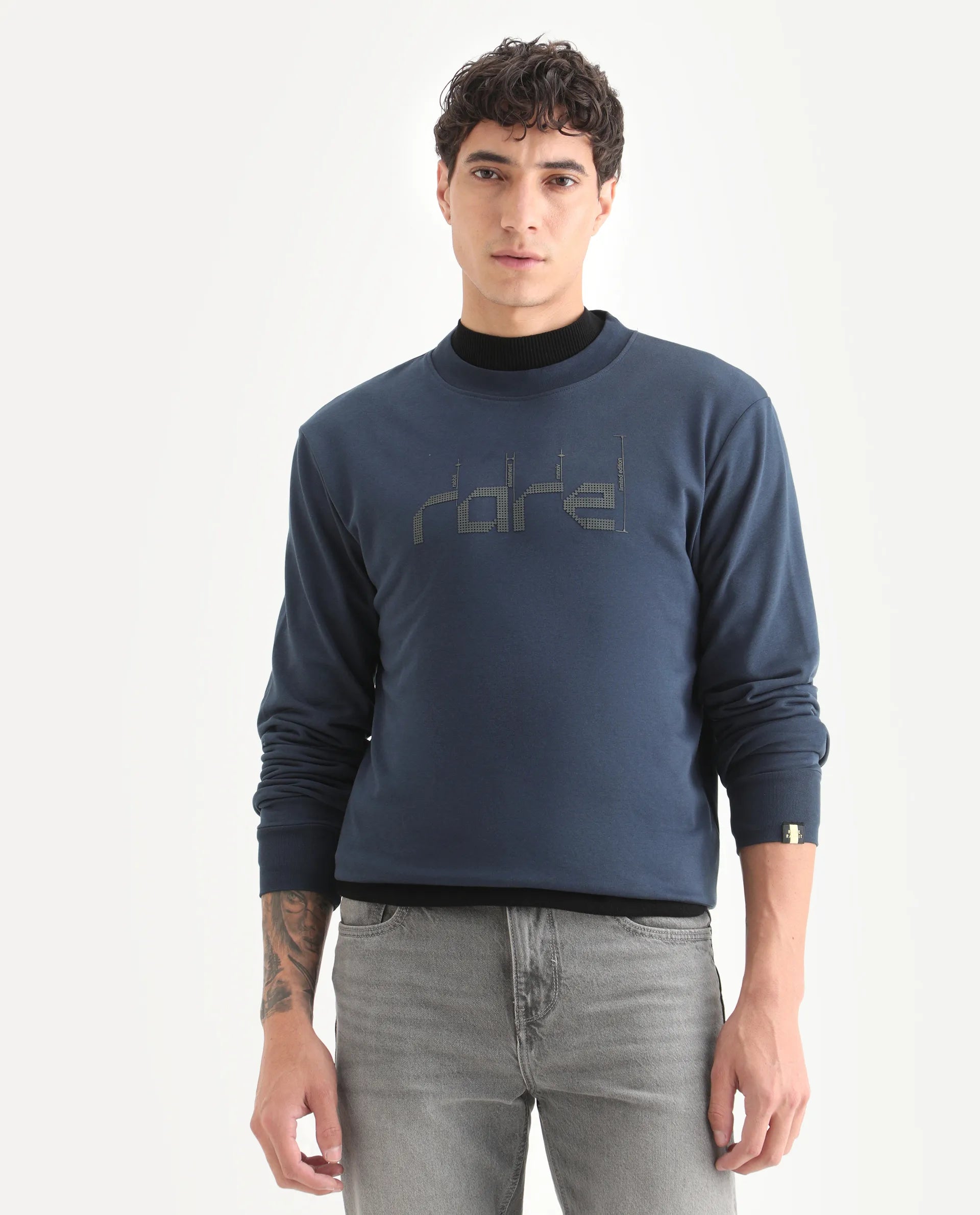Rare Rabbit Men's Emry Navy Cotton Blend Graphic Print Regular Fit Full Sleeve Crew Neck Sweatshirt