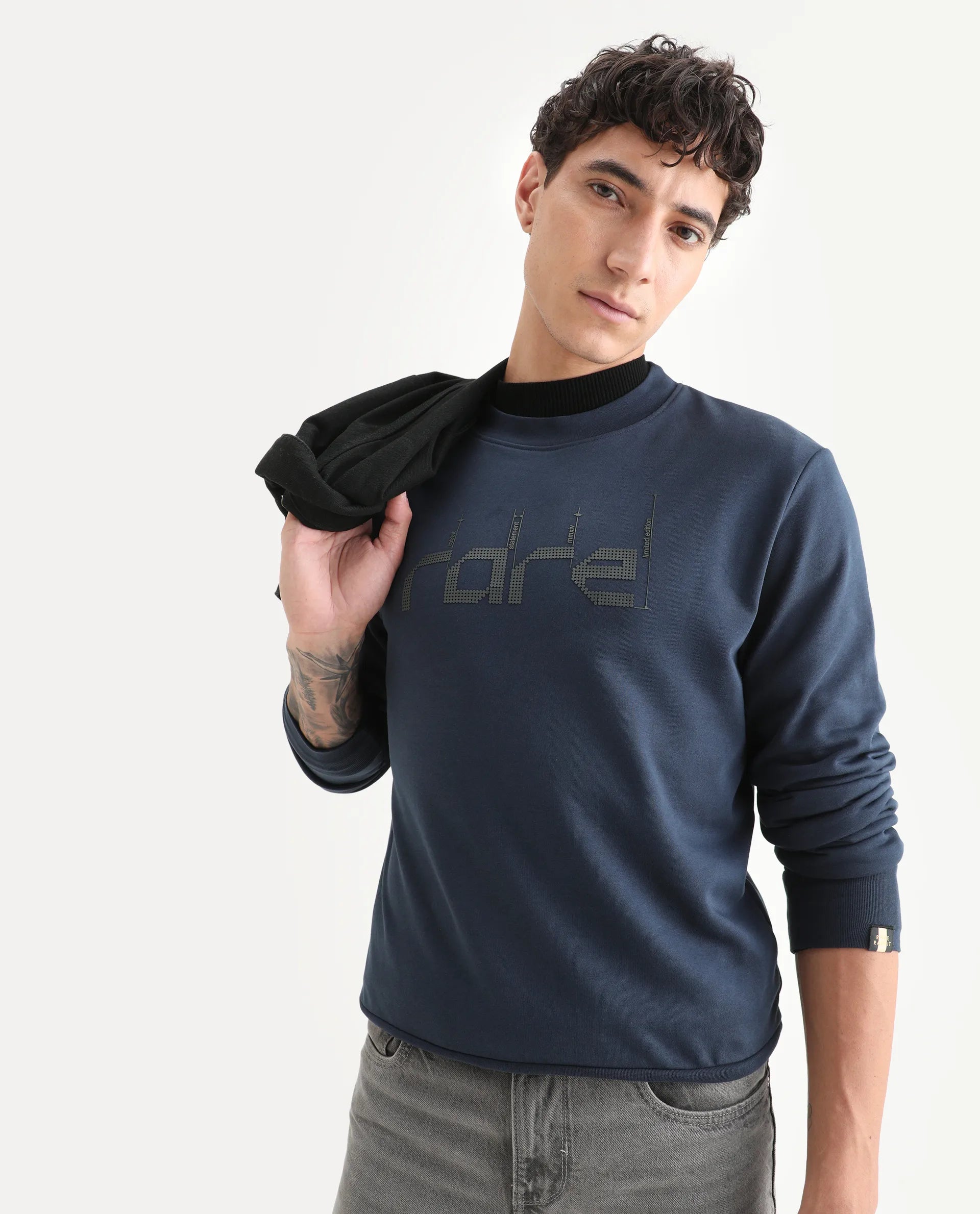 Rare Rabbit Men's Emry Navy Cotton Blend Graphic Print Regular Fit Full Sleeve Crew Neck Sweatshirt