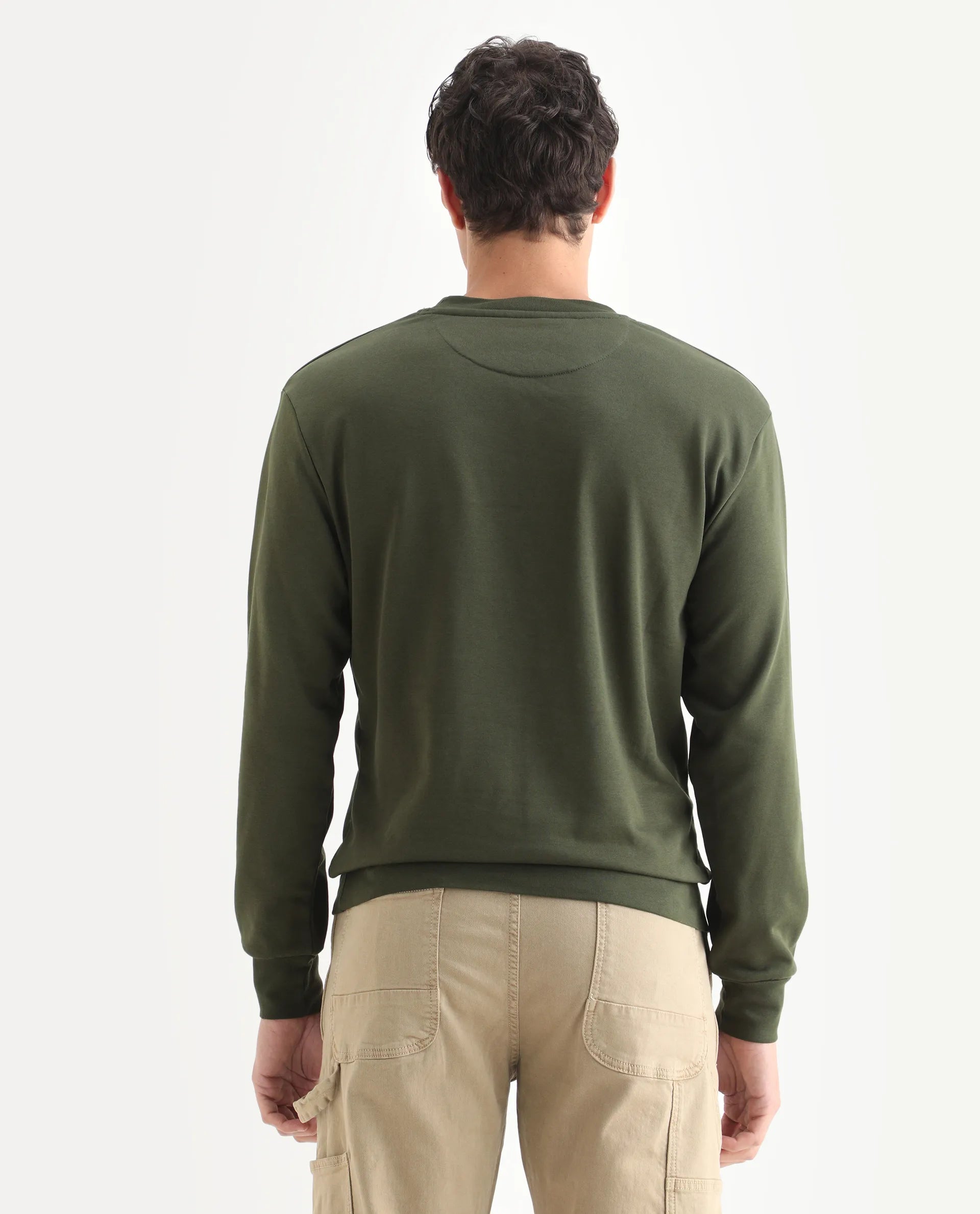 Rare Rabbit Men's Emry Olive Cotton Blend Graphic Print Regular Fit Full Sleeve Crew Neck Sweatshirt