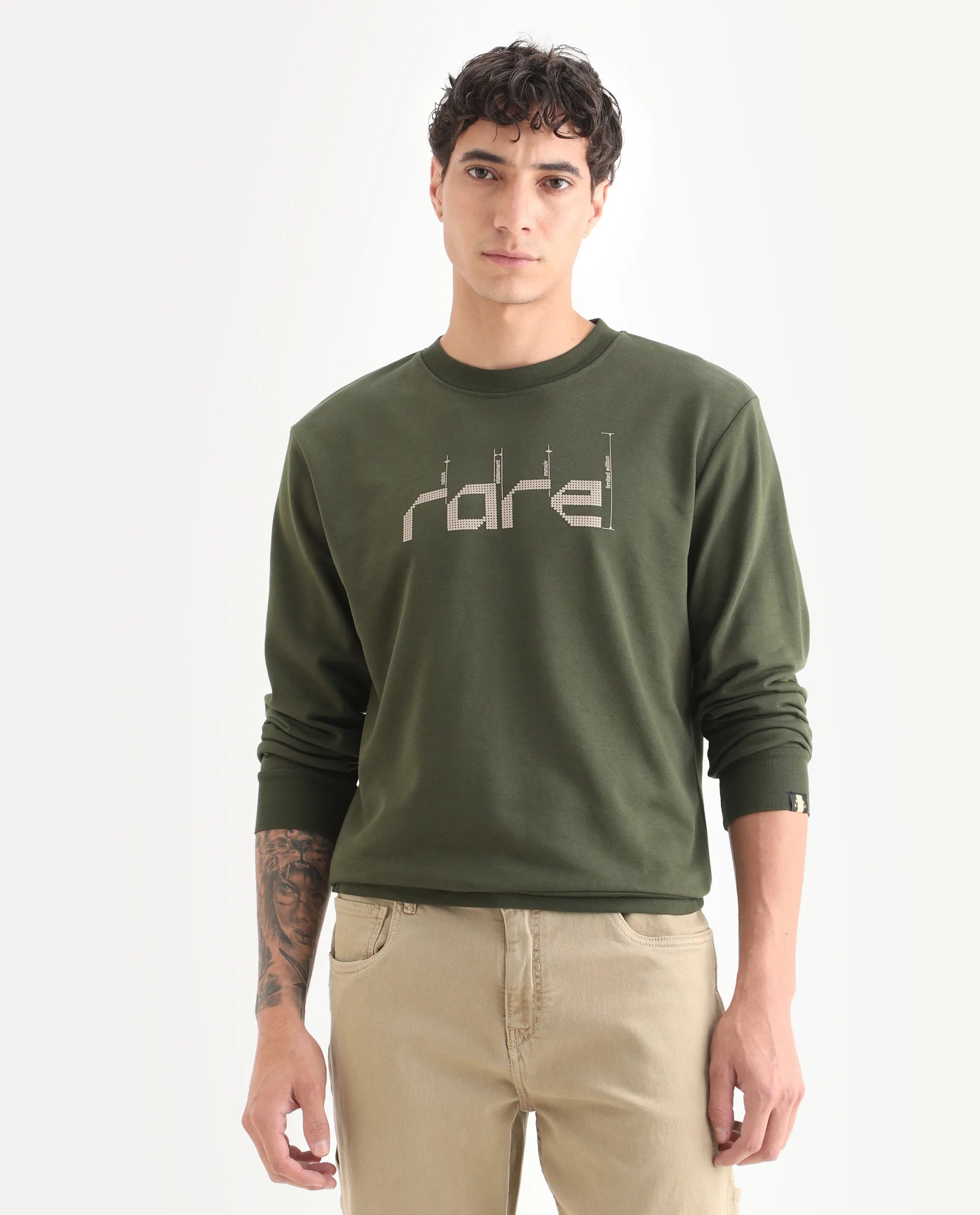 Rare Rabbit Men's Emry Olive Cotton Blend Graphic Print Regular Fit Full Sleeve Crew Neck Sweatshirt